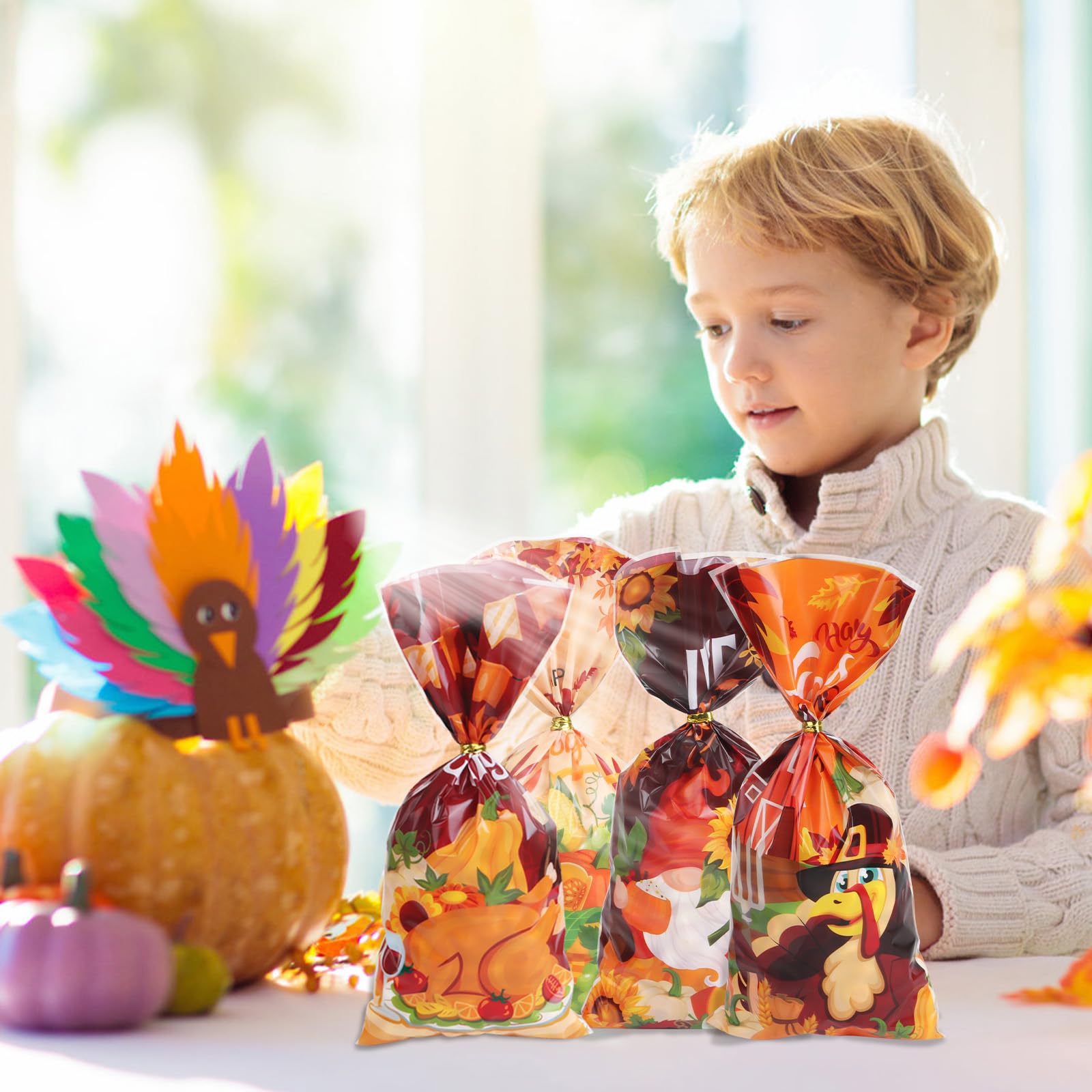 180 Pcs Thanksgiving Treat Bags - Fall Themed Cellophane Candy Bags with Maple Leaves, Turkey & Pumpkin Designs - Perfect for Thanksgiving Party Favors, Classroom Treats & Holiday Gift Giving