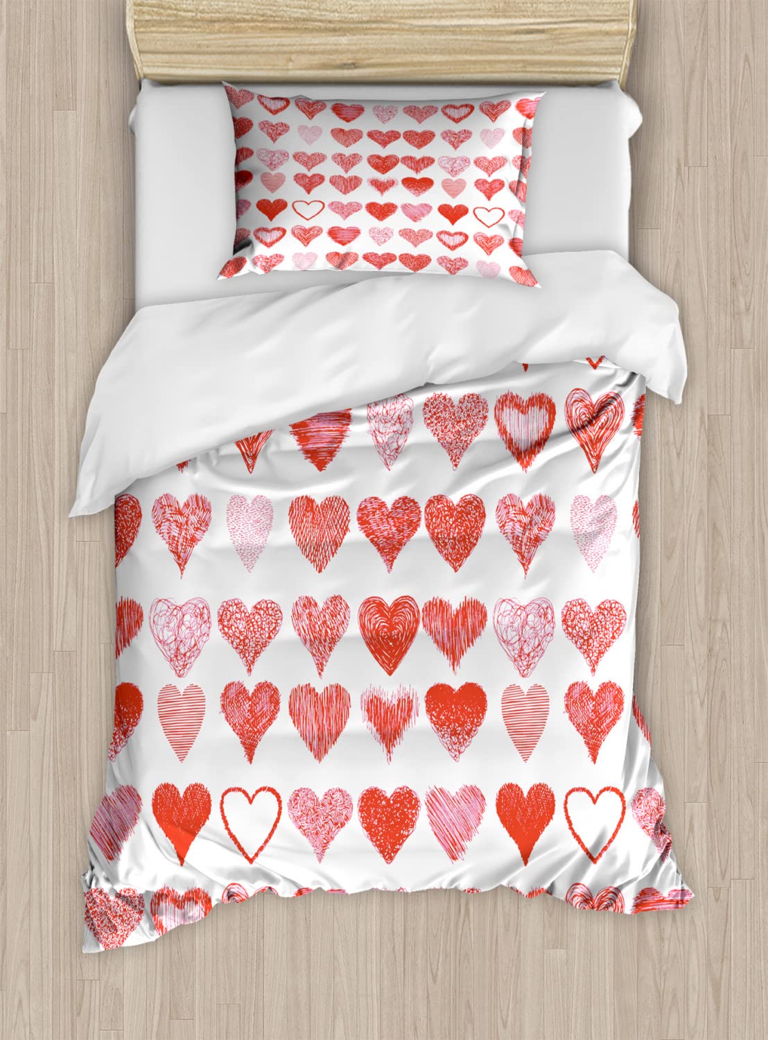 Ambesonne Valentine's Day Duvet Cover Set - Romantic Hand-Painted Heart Design, 2-Piece Twin Size Bedding with 2 Duvet Covers & 2 Pillowcases in Vermilion Pink & White | Perfect for Couples Bedroom, Anniversary Gift & Romantic Home Decor