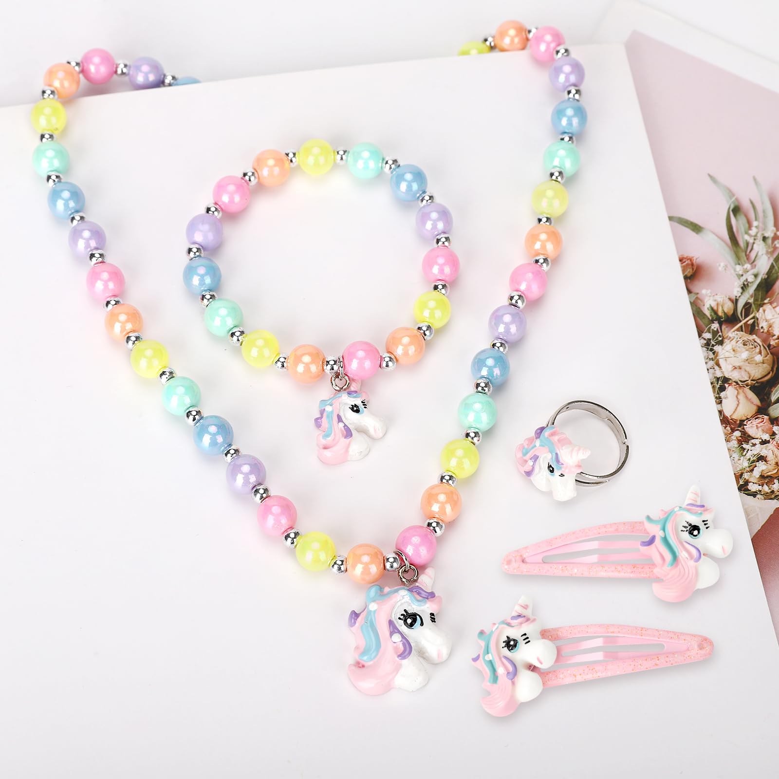 Unicorn Stretch Necklace & Bracelet Set with Hair Clips for Toddler Girls - Princess Jewelry Accessories Gift for Birthday Party Favors | Perfect for Dress-Up, Tea Parties & Special Occasions