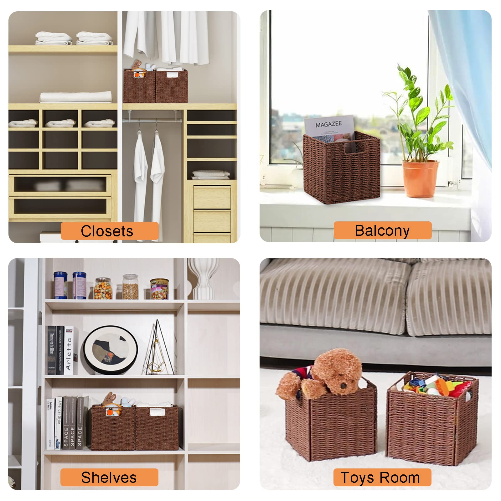 Vagusicc Wicker Storage Basket Set of 2 - Hand-Woven Foldable Cube Bins with Handles for Shelves - 9 Inch Small Woven Baskets for Pantry, Bedroom & Home Organization - Brown - Perfect for Closet Storage, Laundry Room & Nursery Decor