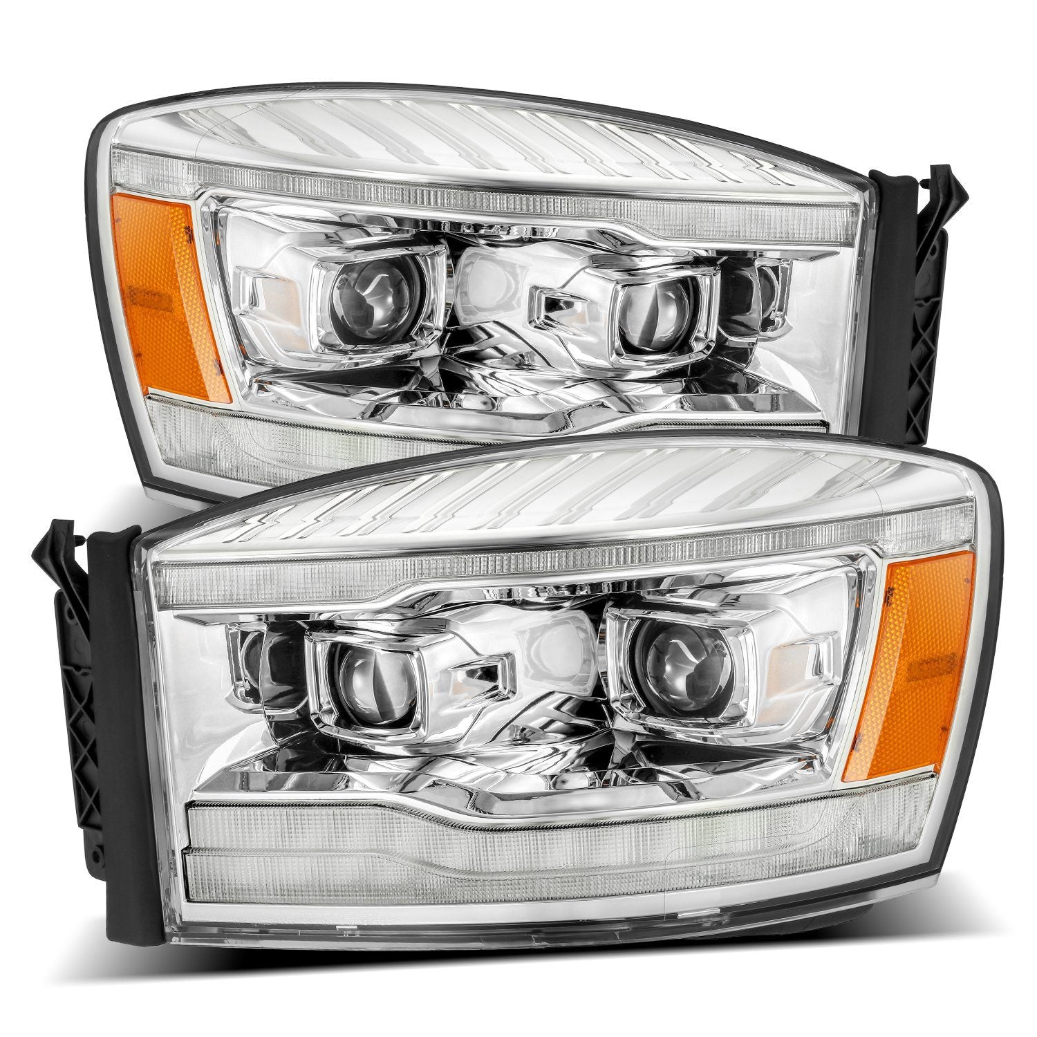 2006-2008 Dodge Ram Projector Headlights - Plank Style Design with Chrome Finish, Sequential Turn Signals & Top/Bottom DRL - Alpha Rex 880531 - Upgrade Your Truck's Style & Nighttime Visibility for Off-Roading & Daily Driving