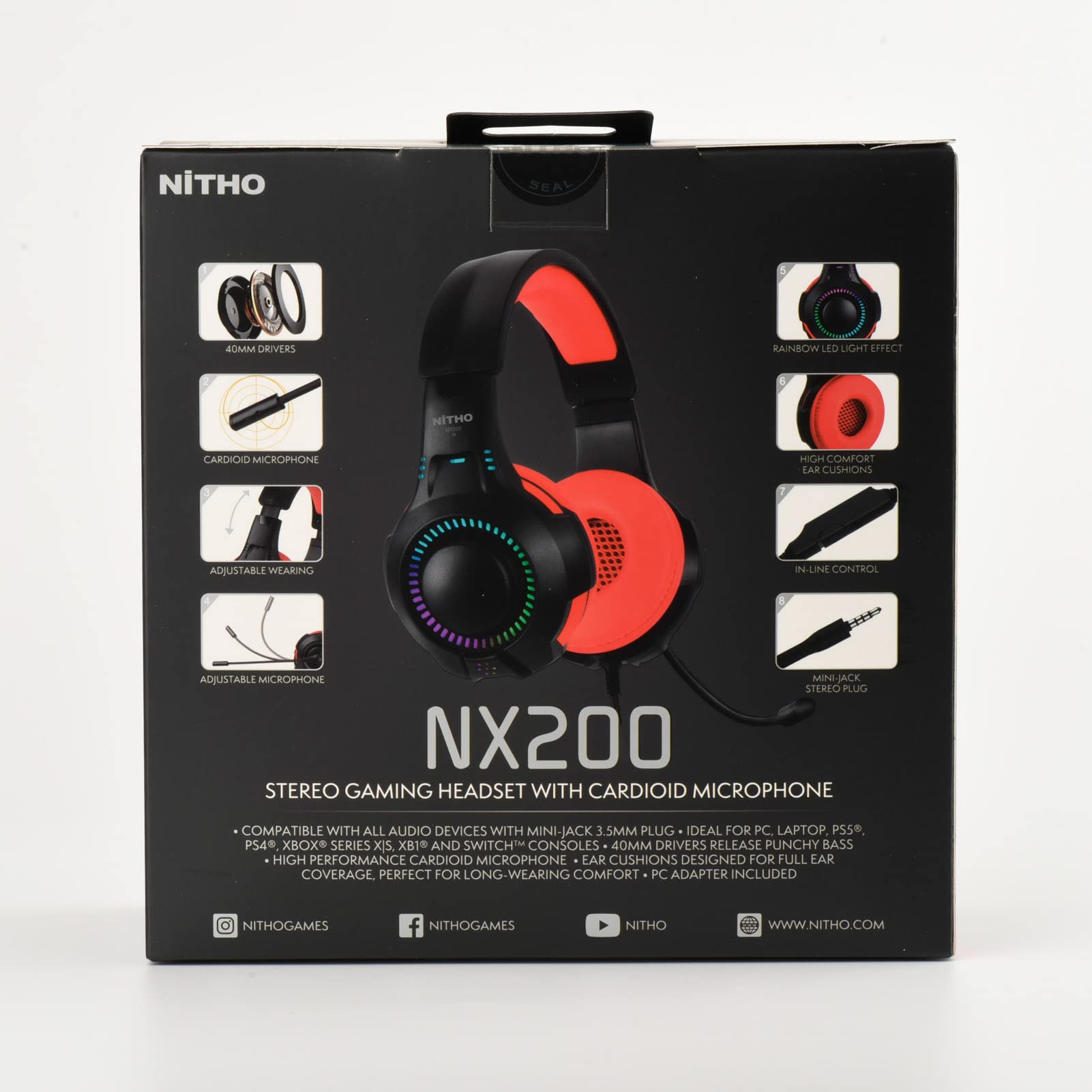 NITHO NX200 Gaming Headset for PC, PS4, PS5, Xbox, Mobile & Tablet - Stereo Surround Sound Headphones with Flip-Up Microphone, RGB Lighting (Red) - Perfect for Online Gaming, Streaming & Video Calls
