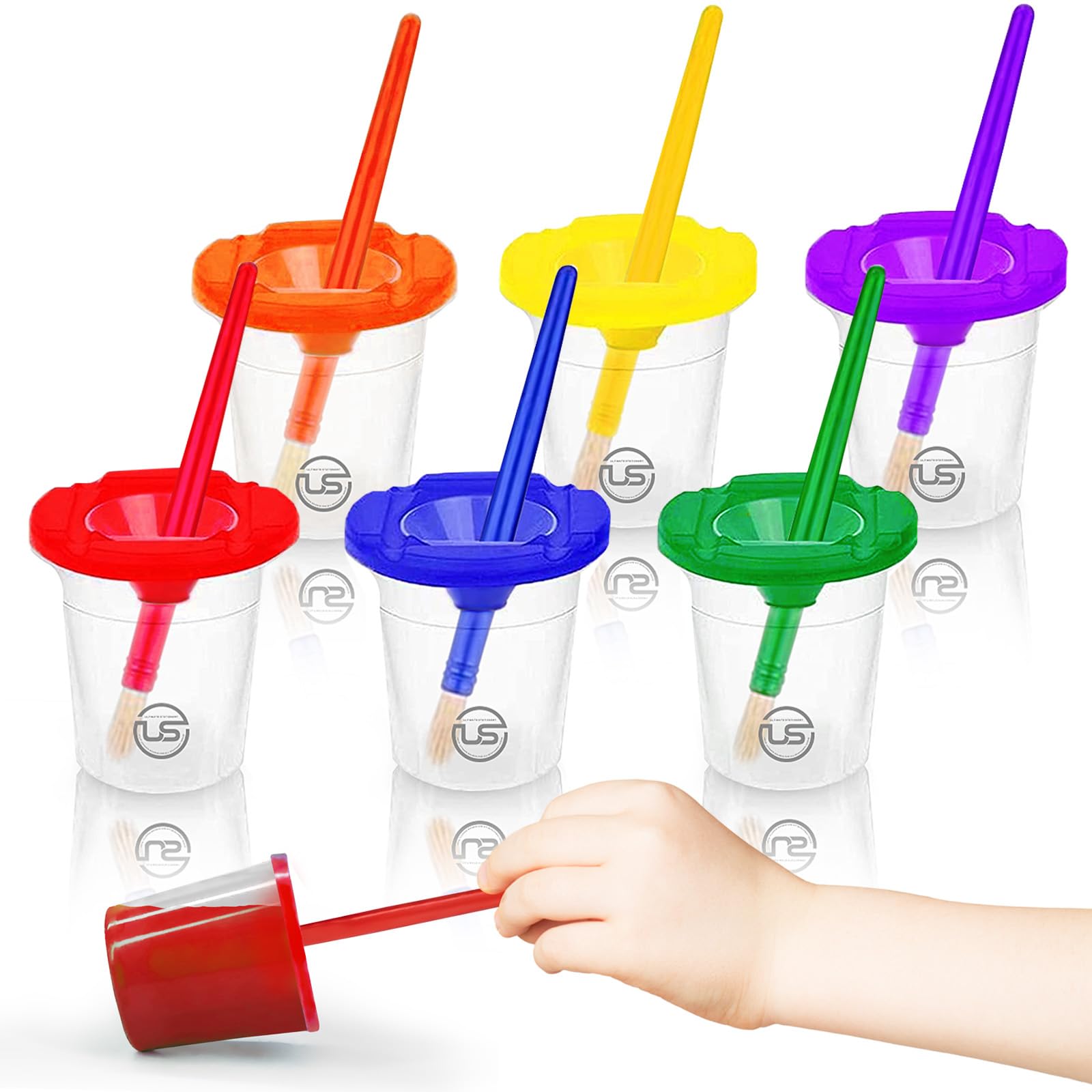 Spill-Proof Paint Cups with Lids for Kids - 6 Non-Spill Painting Containers & 6 Toddler Paint Brushes - Washable Art Supplies for Classroom, Home & Outdoor Painting Activities