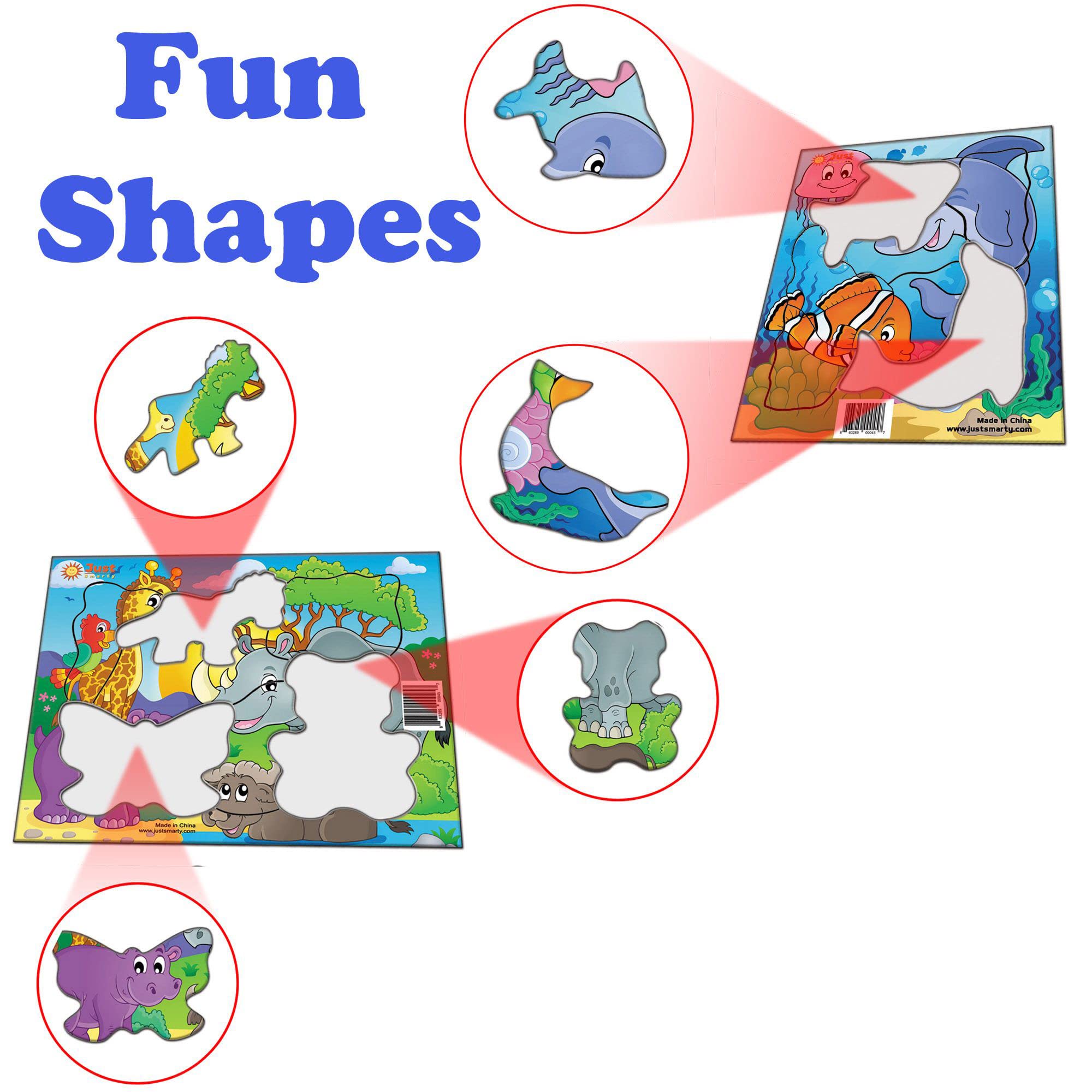 Just Smarty Toddler Puzzles Set of 2 - Ocean & Zoo Shapes for Kids 2-4 | Preschool Learning Games for Classroom & Home Play