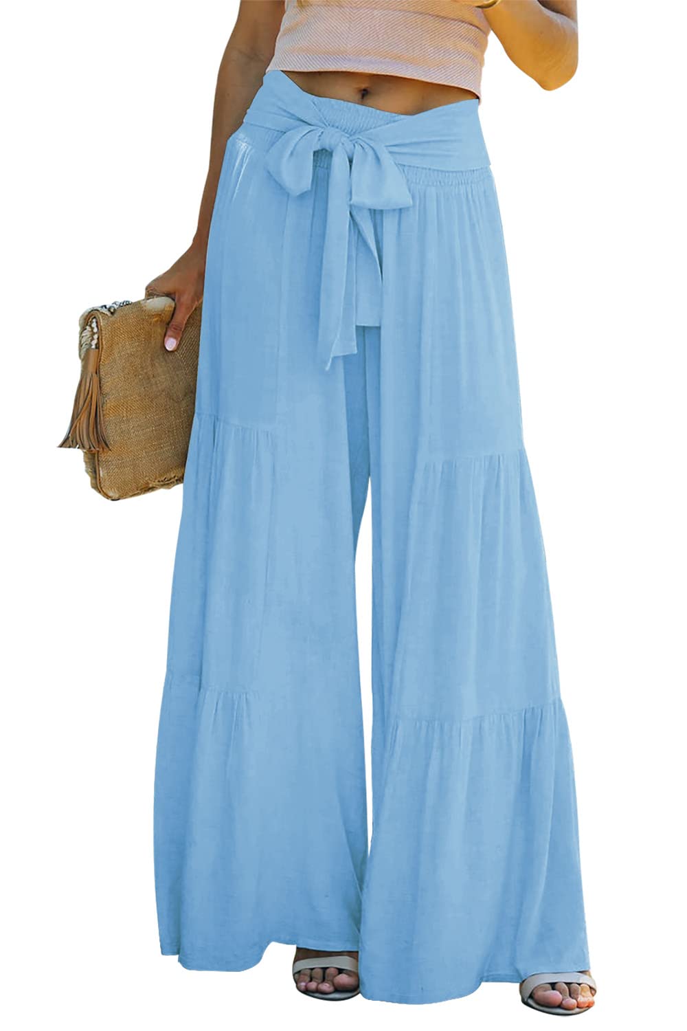 ReachMe Women's Linen Beach Pants - High Waisted Wide Leg Palazzo Lounge Pants for Summer, Vacation & Casual Wear | Breathable Smocked Waist Comfortable Linen Pants for Beach, Yoga & Relaxation