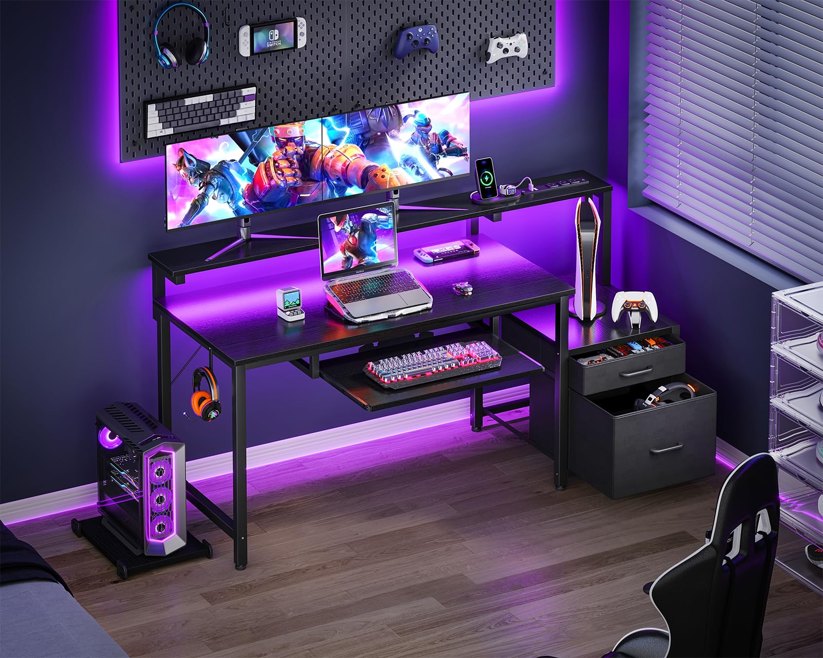 **AODK 55-Inch Gaming Desk with Power Outlets & LED Light - Reversible PC Desk with Fabric Drawer, File Cabinet & Keyboard Tray - Black Computer Desk for Home Office, Gaming & Workstation Setup**