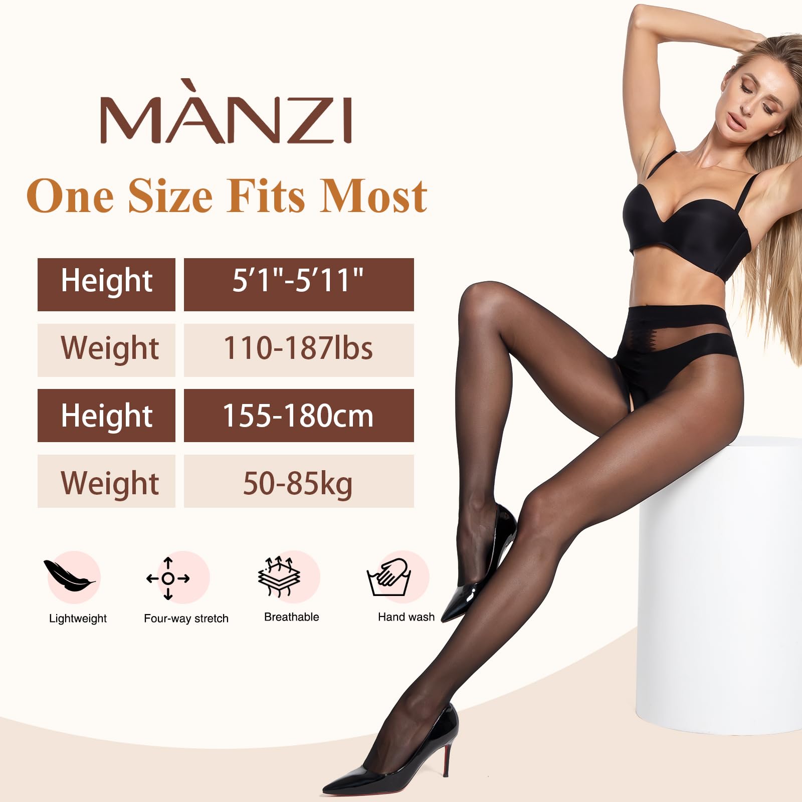 MANZI Sheer Pantyhose for Women - 30 Denier High Waist Tights, Sheer to Waist Stockings with Suspenders | Perfect for Office, Party & Formal Occasions