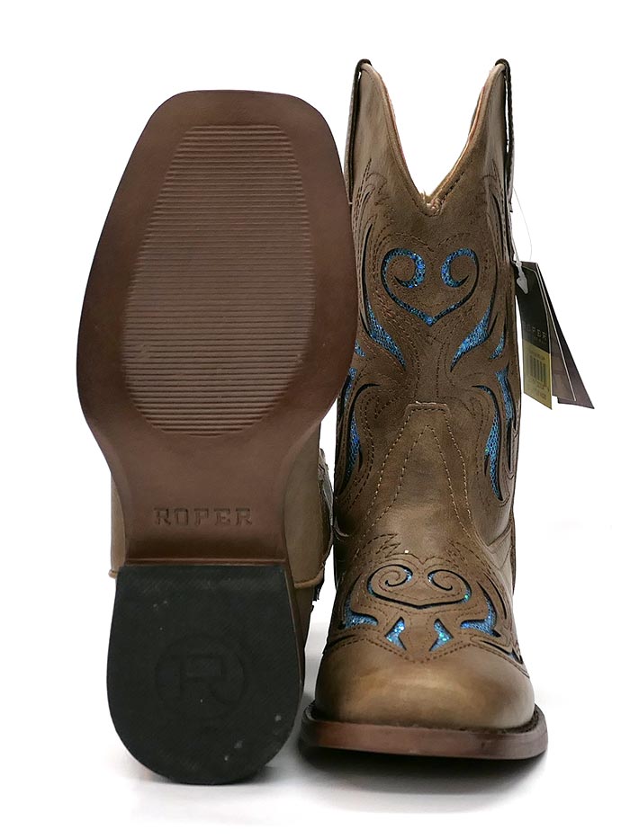 Roper 1549TA Kids GLITTER BREEZE Square Toe Bling Cowgirl Boots - Tan Western Boots for Girls, Sparkly Cowgirl Boots for Kids, Perfect for Rodeo, Dance & Western Parties