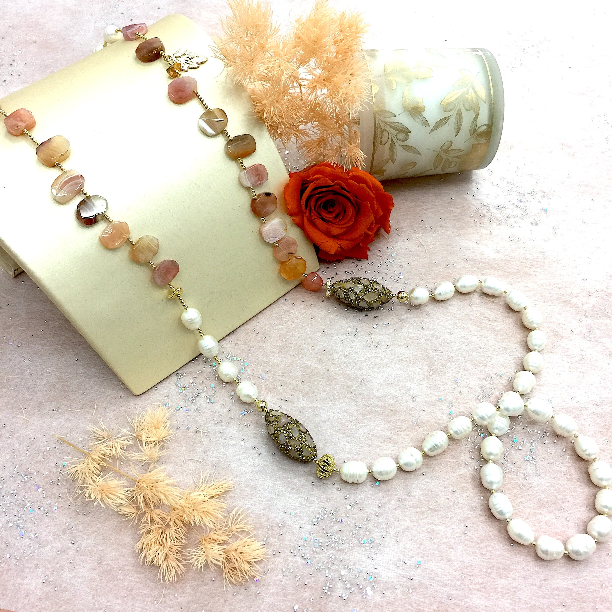 Orange Agate Necklace with Freshwater Pearls & Rhinestones - Adjustable Multi-Way Layering Jewelry for Women | Boho Chic Accessory for Parties, Weddings & Everyday Wear