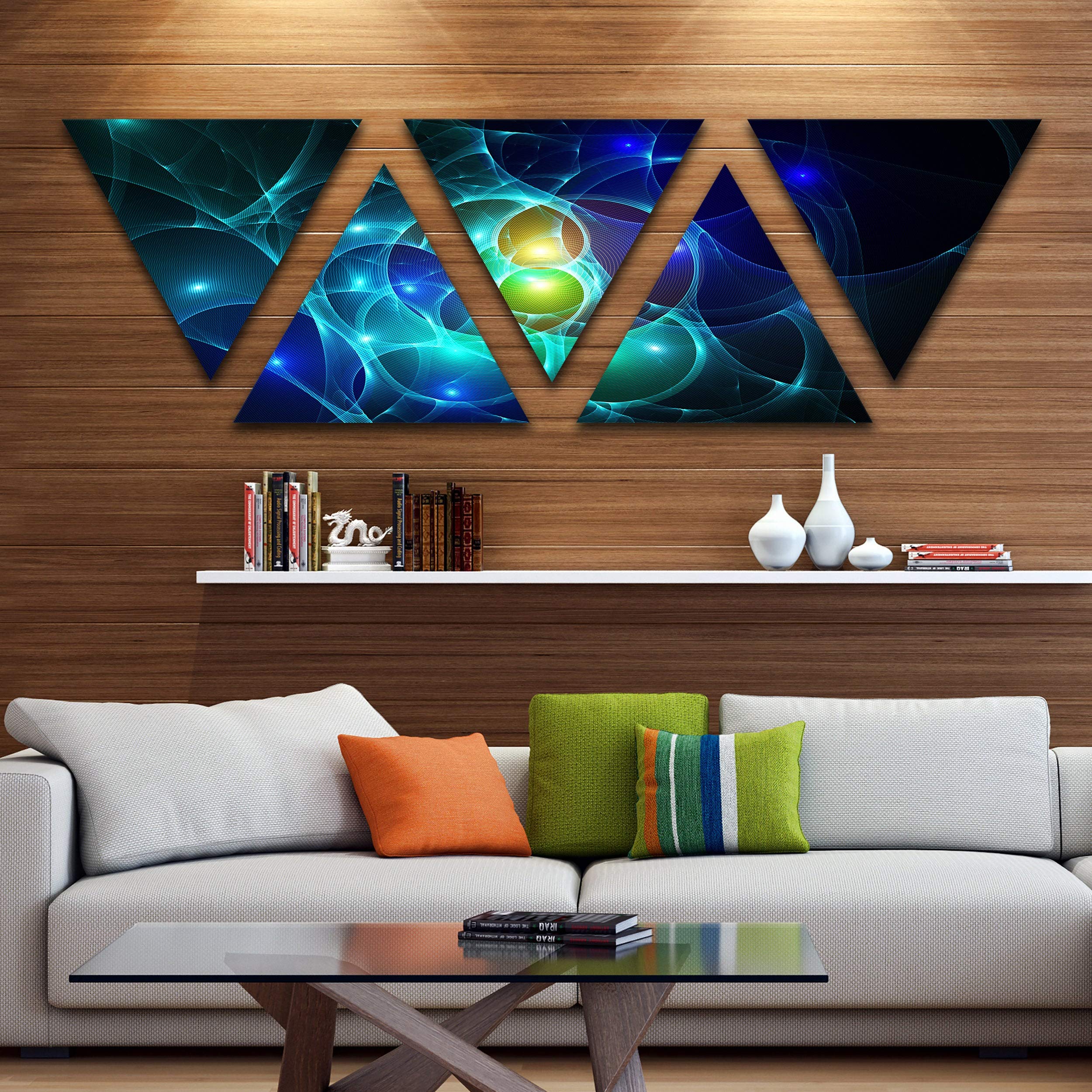 Designart 'Blue Glowing Bubbles Time' Modern Abstract Wall Art - 5-Panel Inverted Triangle Canvas Painting (60