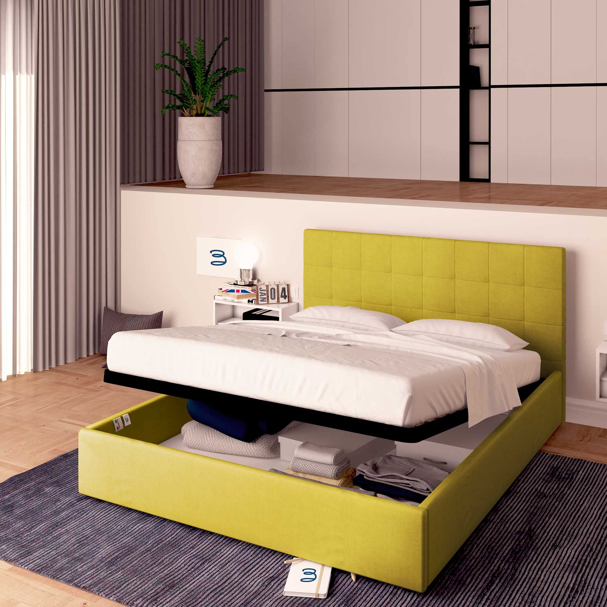 Baldiflex Double Bed Frame with Storage, Dublin Fabric Model, Slatted Base for Single Mattresses, 160 x 190 cm, Elegant Mustard Headboard - Perfect for Small Bedrooms & Guest Rooms