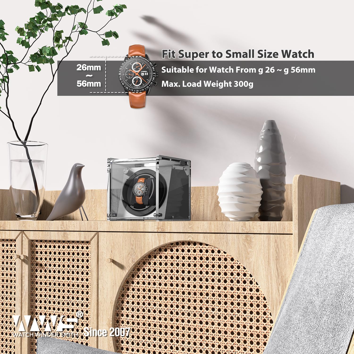 Premium Single Automatic Watch Winder Box - Quiet Motor with 4 Rotation Modes (Grey) | Perfect for Watch Collectors & Luxury Timepiece Storage | Home Office & Travel Use