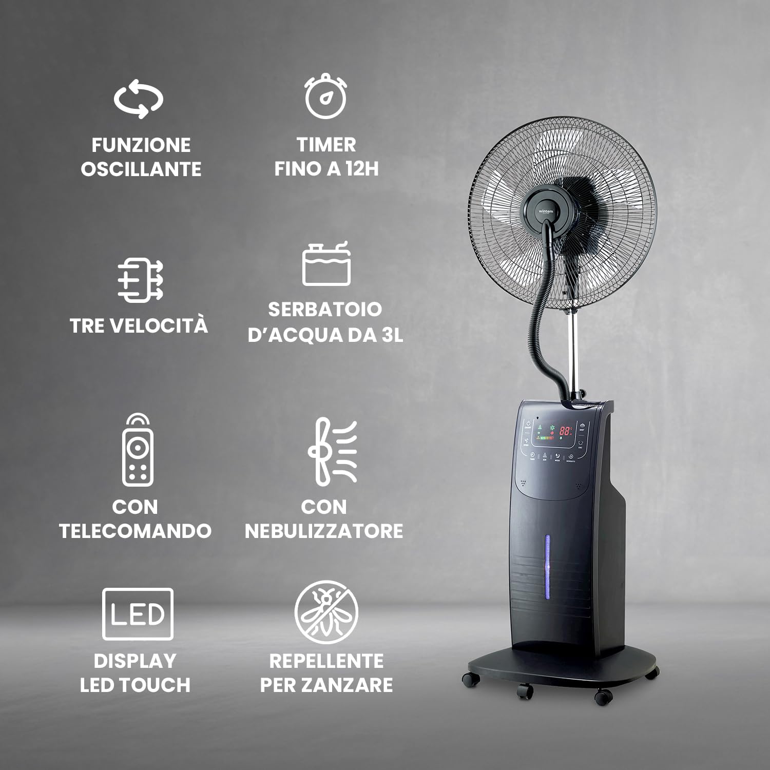 Wintem ATUM 3-in-1 Misting Fan with Ionizer - Touch Screen Display, 3 Speed Settings, Remote Control, 12H Timer, 3L Water Tank, Aroma Diffuser & Mosquito Repellent - Perfect for Patio, Garden, and Outdoor Cooling