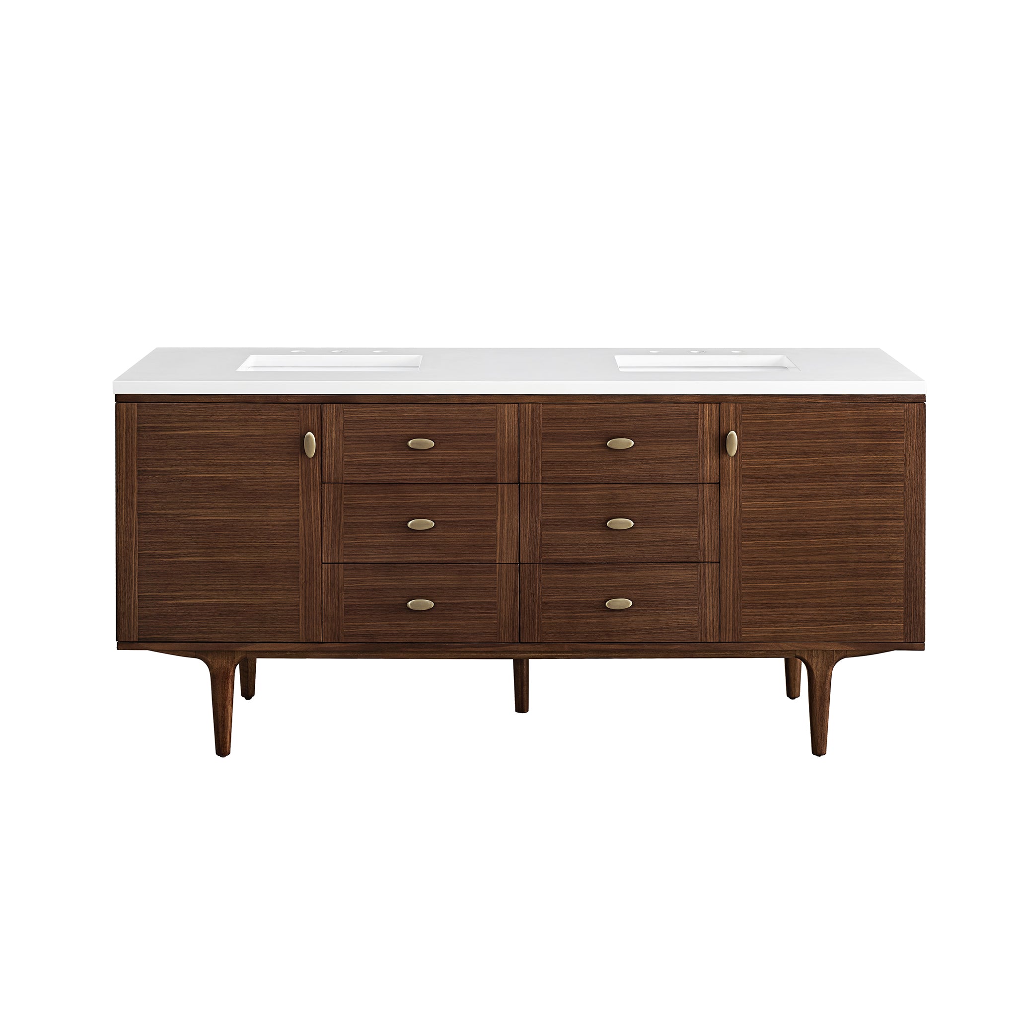 Amberly 72 Inch Double Sink Bathroom Vanity - Mid Century Modern Walnut Finish with 3CM White Zeus Quartz Top - Perfect for Master Bathroom & Guest Bathroom Renovation