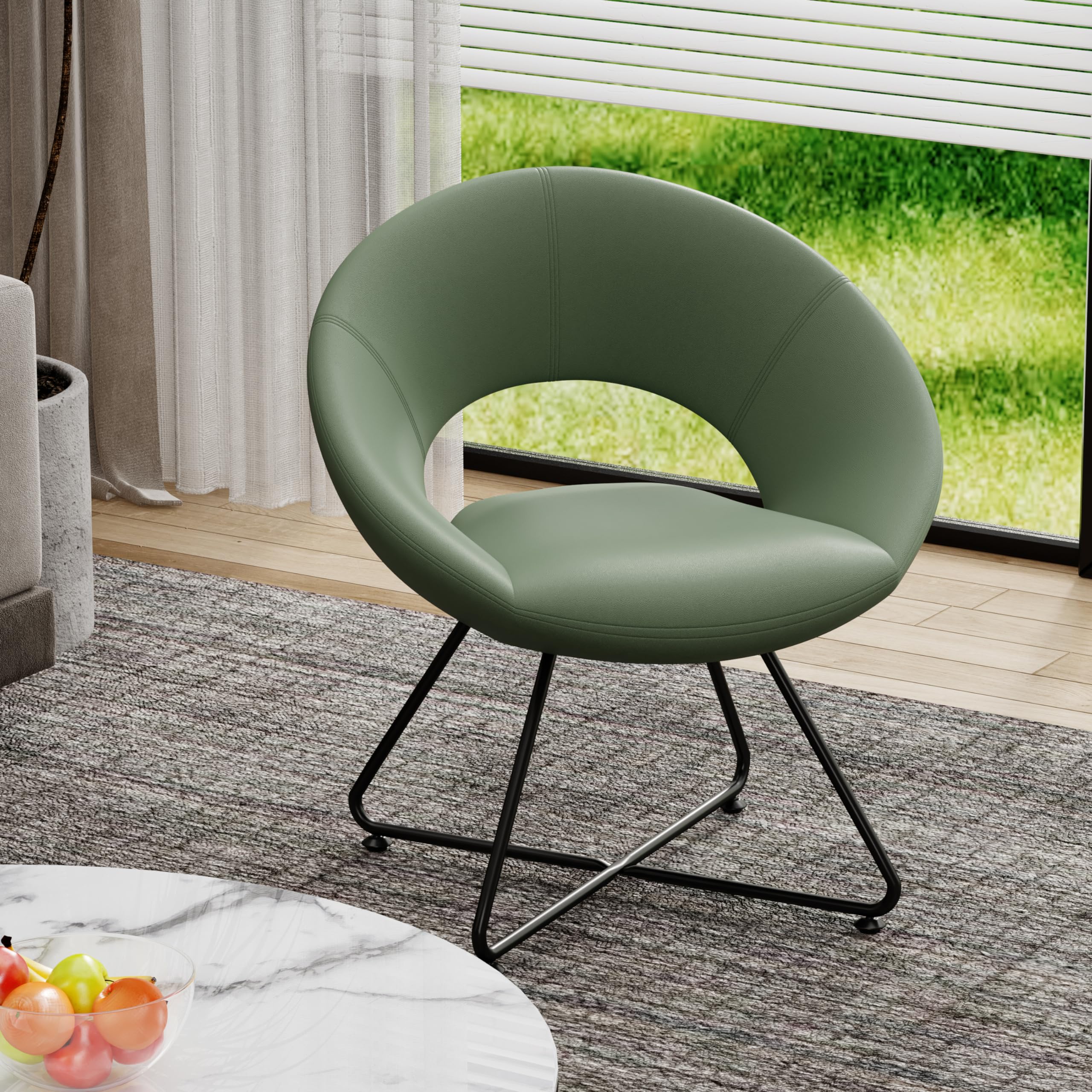 Modern Swivel Accent Chair Set of 2 - Upholstered Faux Leather Saucer Chairs with Golden Metal Legs for Living Room, Makeup Vanity or Home Office - Green Comfortable Lounge Seating for Relaxing & Leisure Activities