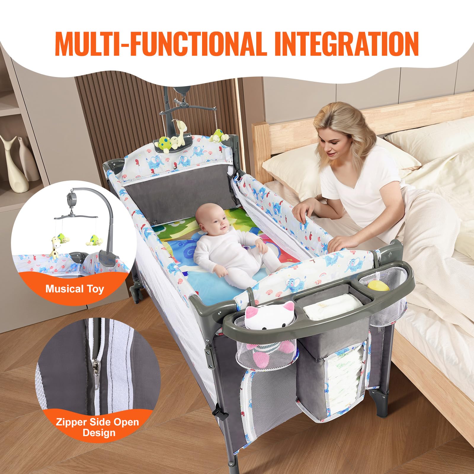 VEVOR Portable Baby Bassinet & Playard with Changing Table, Mosquito Net & Wheels - Foldable Bedside Sleeper Crib for Newborns & Infants - Perfect for Nursery, Travel & Co-Sleeping