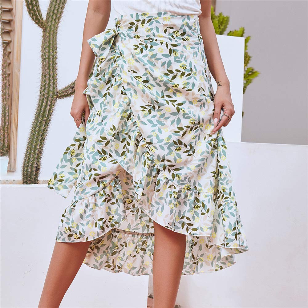Women's Floral Chiffon Midi Skirt - High Waist Wrap Side Asymmetrical Bohemian Long Skirt for Summer Beach Vacation, Outdoor Date Night & Casual Wear