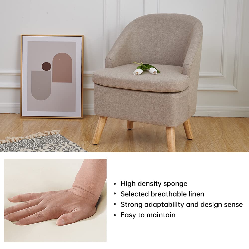 Stylish Beige Barrel Accent Chair with Upholstered Cotton Linen Fabric & Wooden Legs - Perfect Round Single Sofa for Living Room, Bedroom or Office Decor