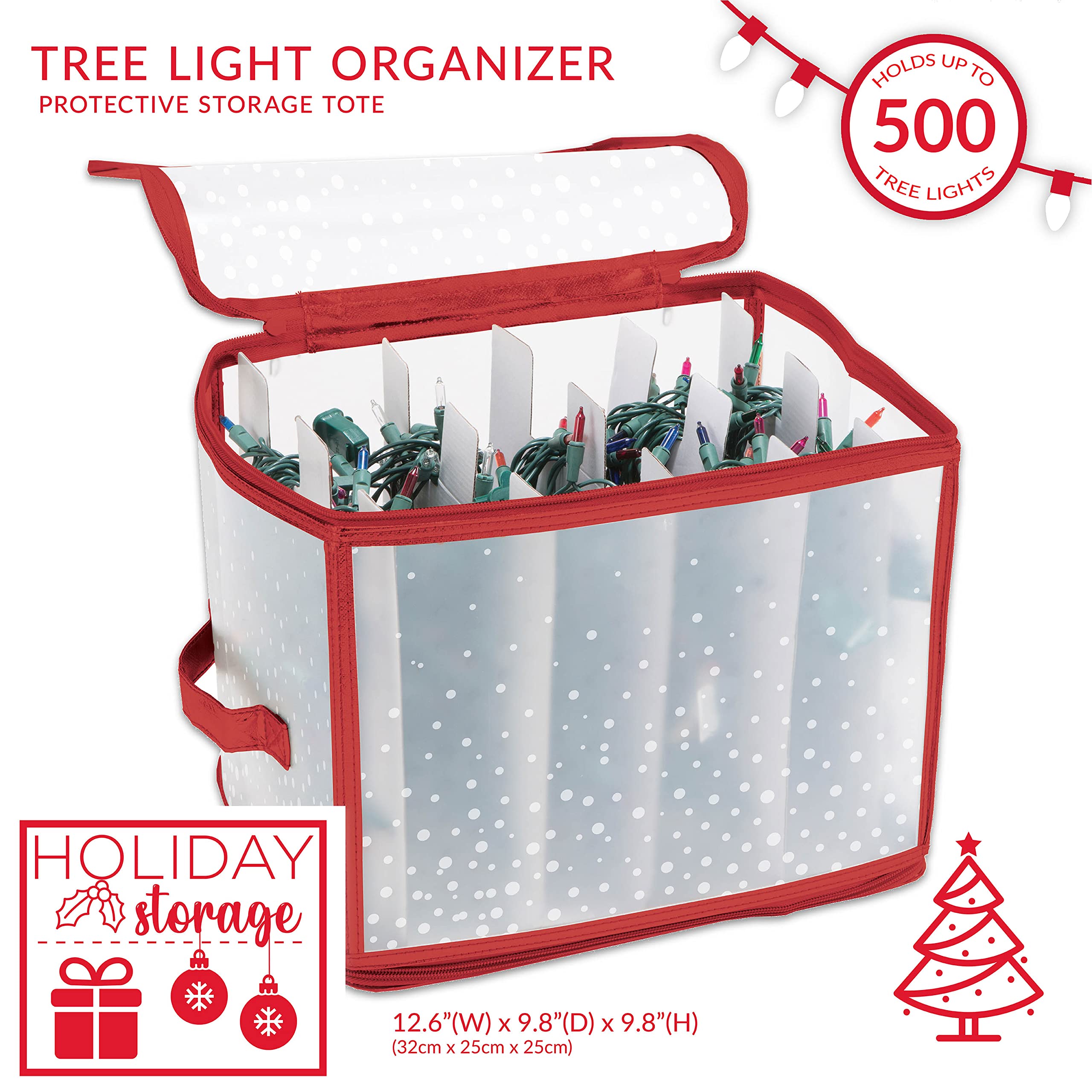 Simplify Holiday Light Organizer Box - Stores 500 Christmas Lights with 5 Divider Reels | Collapsible Storage Solution for Tree String Lights | Ultra Zip Red Design | Perfect for Holiday Decor Organization & Off-Season Storage