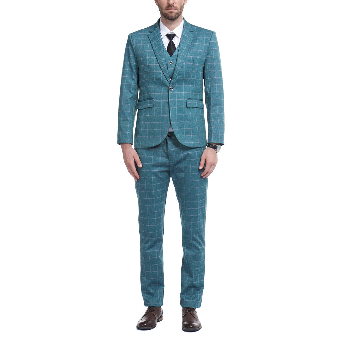 3 Piece Slim Fit Blue Plaid Modern Suit for Men - Business & Wedding Formal Attire - Office, Prom, Special Occasions