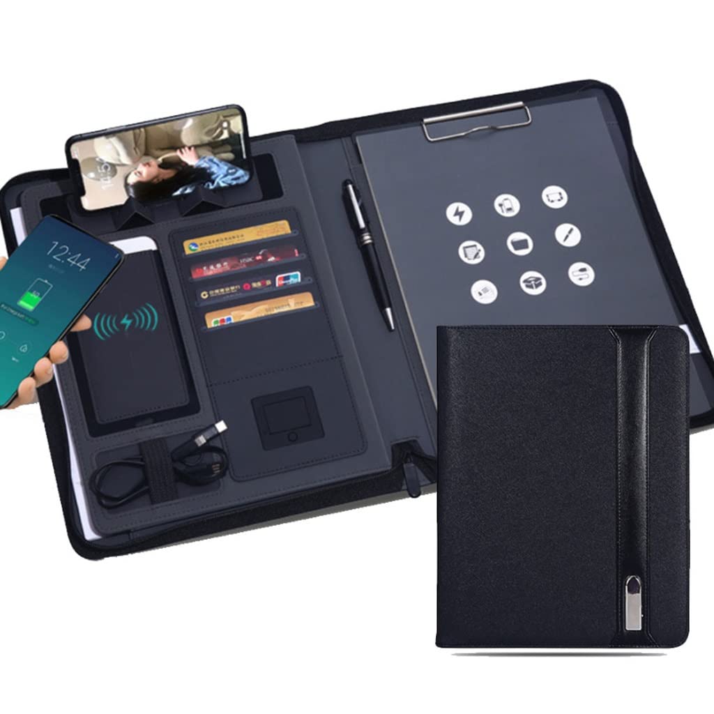 SJYDQ A4 Wireless Charging Portfolio Folder - 6000mAh Power Bank, Multifunction Zipper Binder for Office, Notebook Organizer (Black) - Perfect for Business Meetings, Travel & School Organization