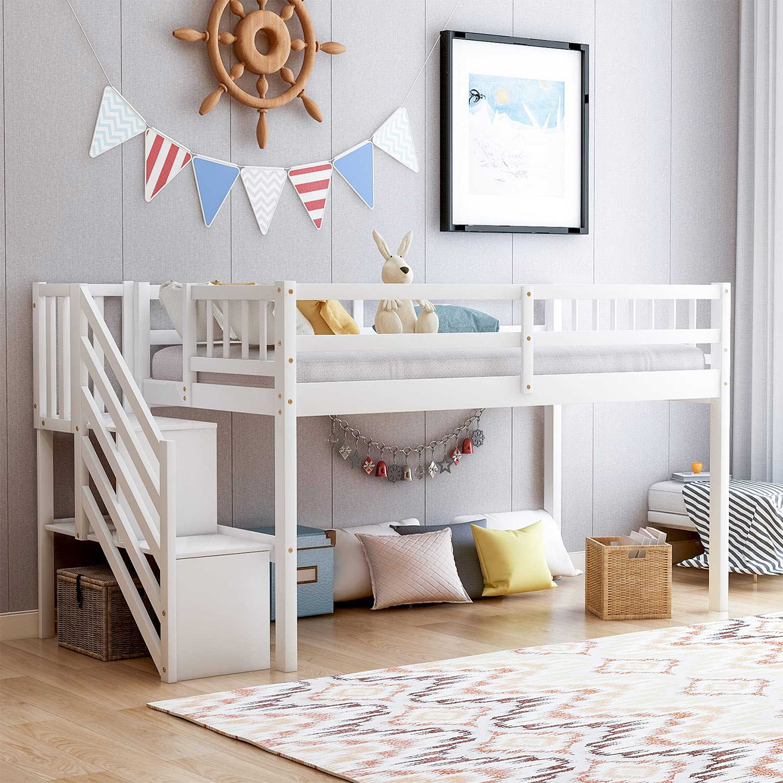 Space-Saving Twin Size Floor Loft Bed with Built-in Ladder & Storage - Perfect for Kids' Rooms, Dormitories & Small Apartments