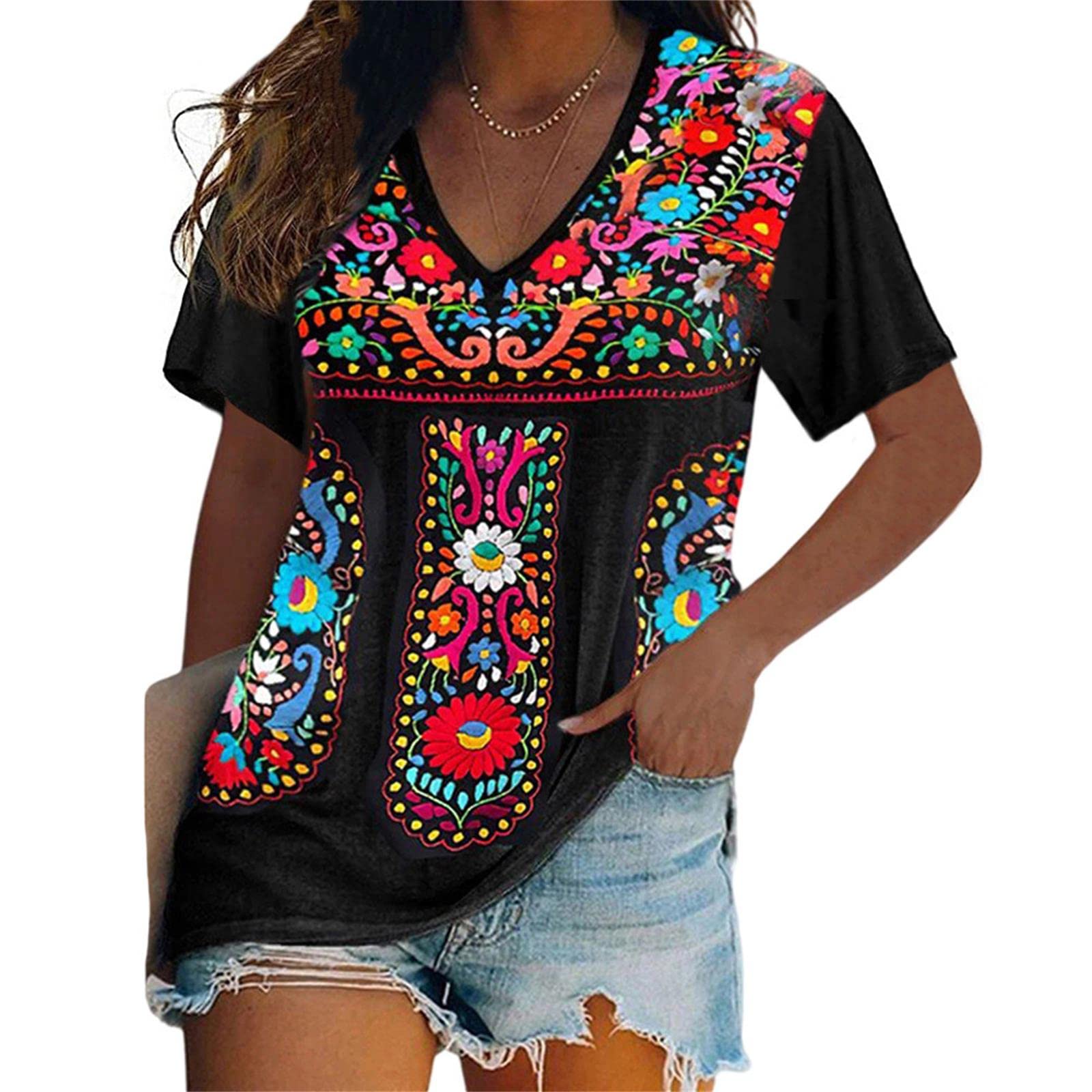 Women's Floral Embroidered Short Sleeve Boho T-Shirt - Mexican Ethnic Style Loose Blouse | Perfect for Summer Festivals, Beach Vacations & Casual Boho Chic Outfits