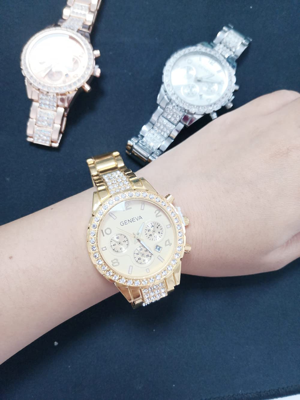 3 Pack Luxury Unisex Pave Crystal Digital Calendar Quartz Watch - Rose Gold & Silver Stainless Steel Bracelet Watches for Men & Women | Perfect for Gifts, Business, and Formal Occasions