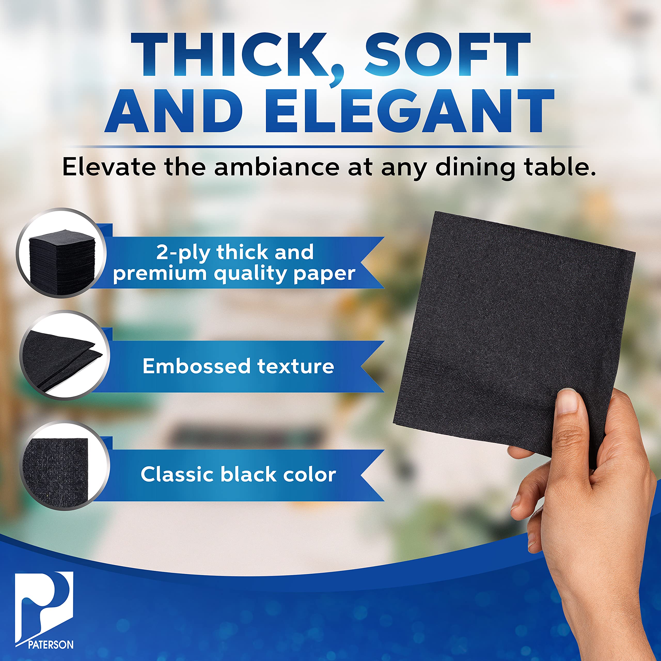 Premium Black Paper Beverage & Cocktail Napkins Bulk (2-Ply, Embossed Edge, 9x9 Inches) - 3200/Case for Restaurants, Bars, Weddings & Parties