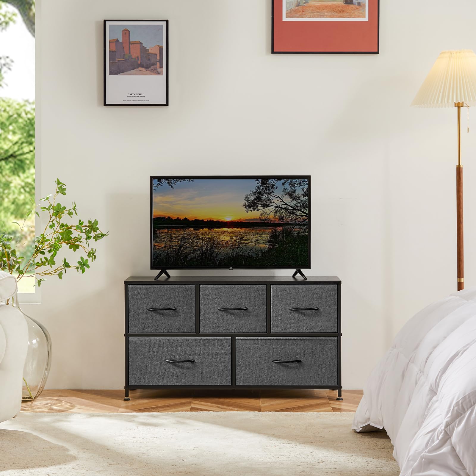 DUMOS 5-Drawer Dresser for Bedroom Storage - Wide Fabric Closet Organizer with Wooden Top & Metal Frame - Perfect for Clothes, Guest Room, Living Room, Hallway & Entryway - Ideal for Small Space Organization & Home Decor
