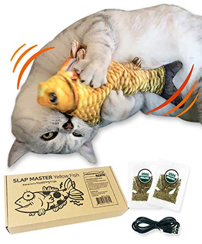 Moonshuttle Rechargeable Electronic Flopping Fish Cat Toy - Interactive Dancing Fish with Organic Catnip for Exercise & Play - Slap Master Cat Kicker Toy (Yellow Fish) - Perfect for Indoor Playtime & Stimulating Your Cat's Natural Hunting Instincts