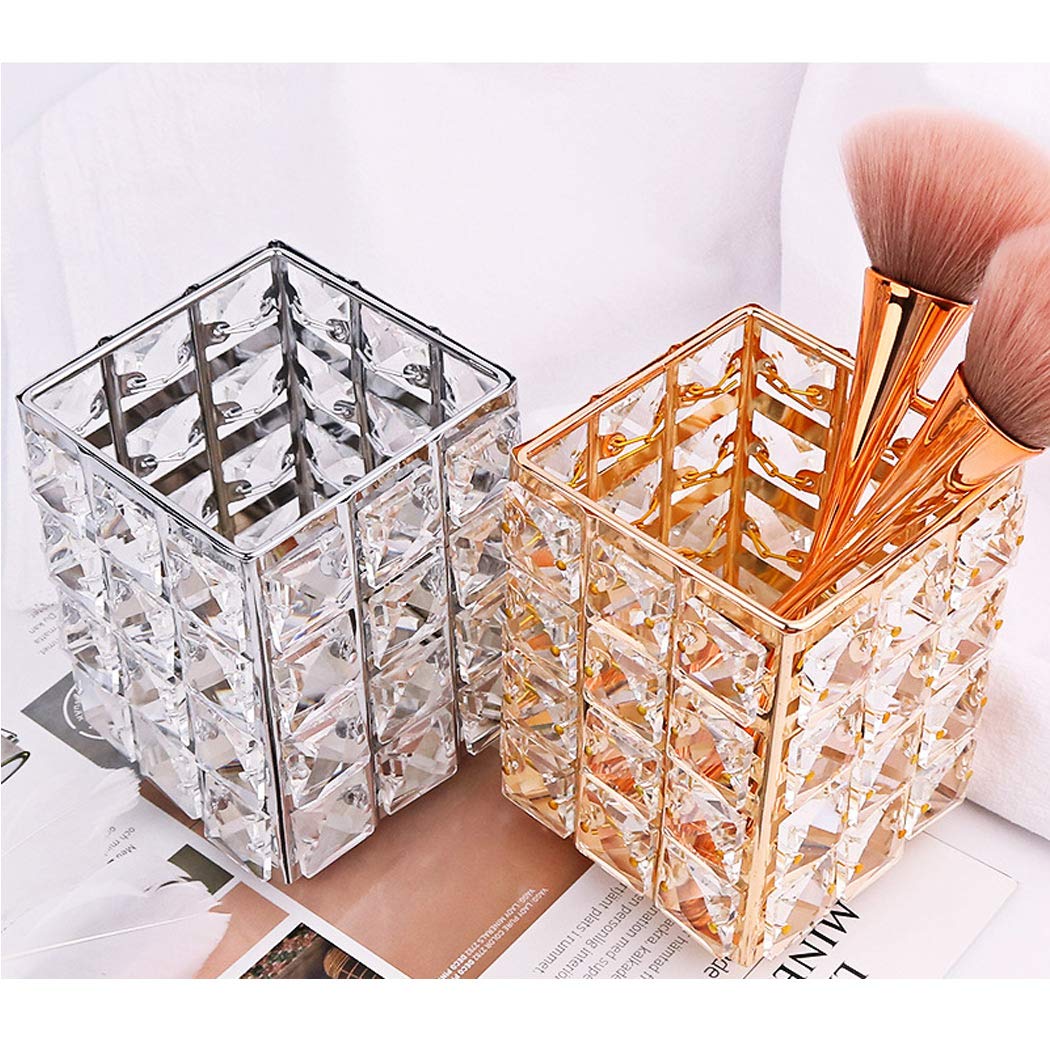 Premium Handcrafted Crystal Makeup Brush Holder & Pen Organizer - Square Silver Cosmetic Storage for Vanity, Bathroom, Office Desk | Perfect for Eyebrow Pencils, Lipsticks & Beauty Tools | Elegant Desk Decor & Gift Idea
