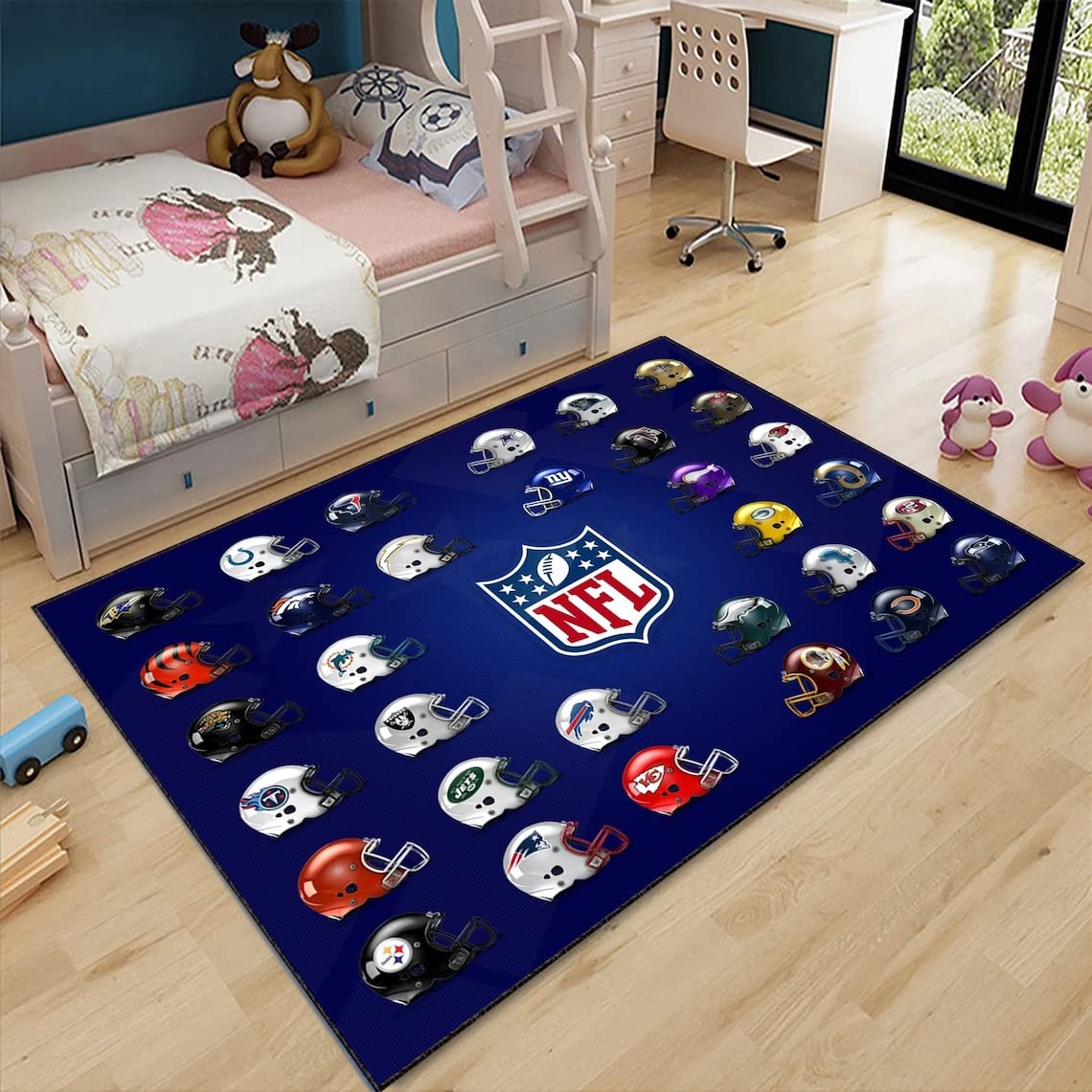 Premium NFL Team Logo Football Rug - 3.2x6.5 Feet (100x200cm) American Football Field Carpet with Helmets Design - Perfect for Fan Cave, Man Cave, Kids Room & Sports Themed Decor