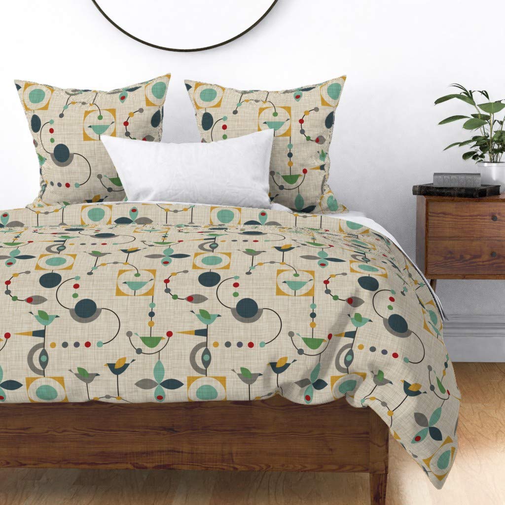 Premium Cotton Sateen Duvet Cover King/California King - Mid Century Modern Green Geometric Atomic Bird Rocket 1950s Retro Print Gender Neutral Bedding | Perfect for Nursery, Guest Room & Vintage Style Home Decor