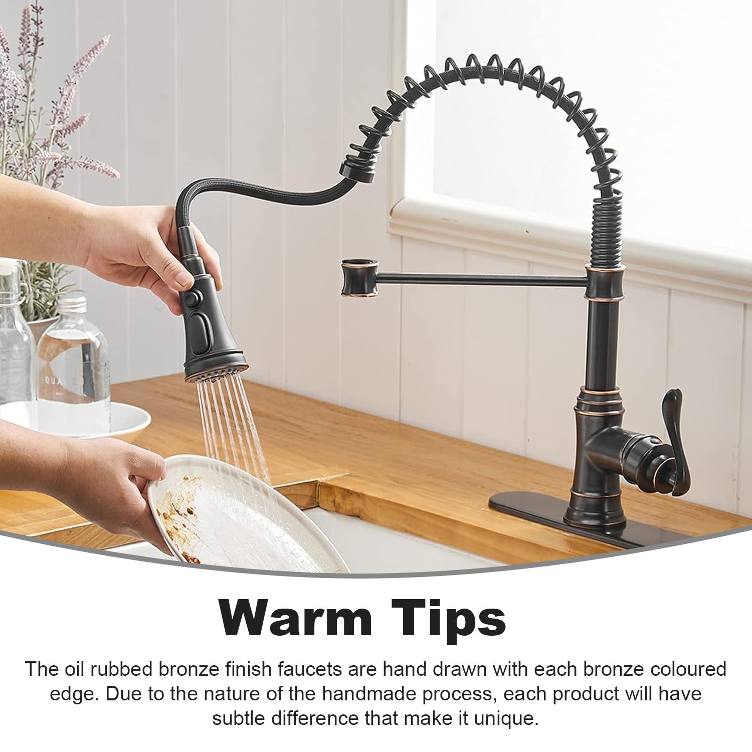 BWE High Arc Single Handle Pull Down Kitchen Faucet with Deck Plate - 3 Function Sprayer Spring, Oil Rubbed Bronze Finish - Perfect for Farmhouse, Commercial & Bar Sinks