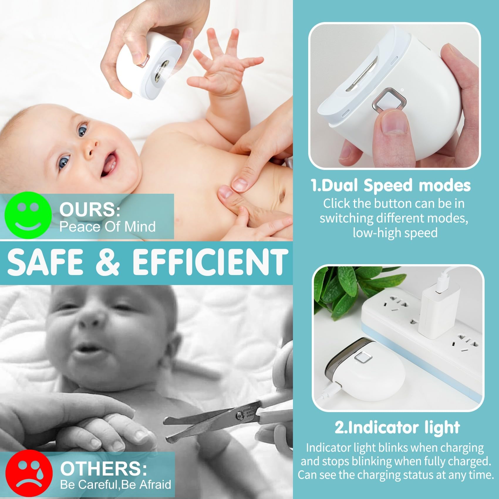 Electric Baby Nail Trimmer - Automatic Nail Clipper with LED Light, 2 Speed Modes & Quiet Operation | USB Rechargeable Nail File for Kids & Toddlers | Safe Nail Care for Newborns & Infants at Home or Travel