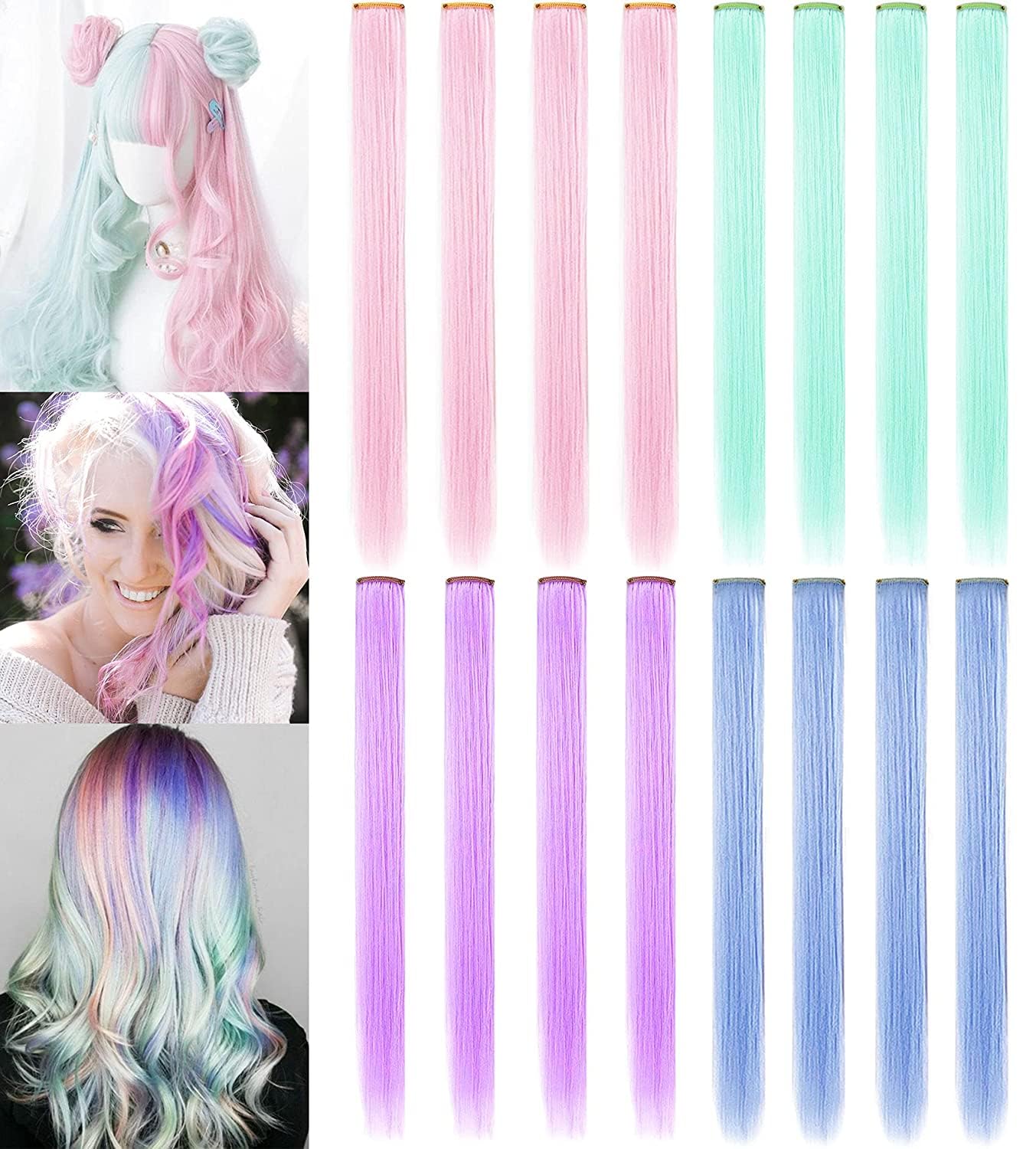 12 PCS Princess Party Highlight Colored Hair Extensions for Girls - Light Green, Pink, Blue & Purple Clip-in Wigs | Perfect for Cosplay, Halloween & Costume Parties