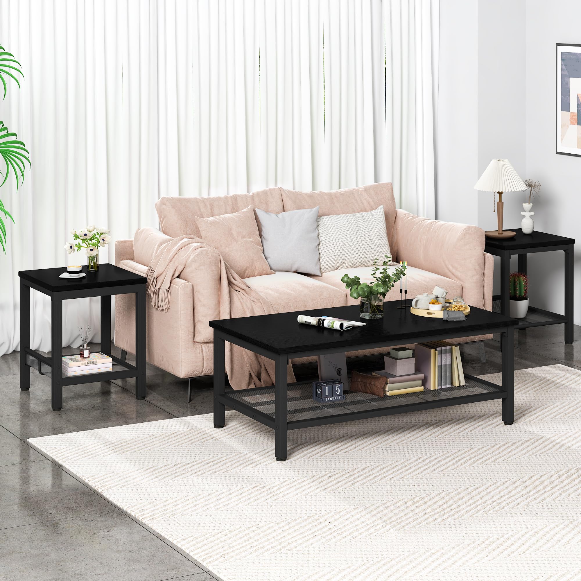 AWQM 3-Piece Industrial Coffee Table Set with 2 Square End Tables - Modern Metal Frame Living Room Furniture for Apartment, Home Office - Black | Perfect for Small Spaces, Entertaining Guests & Stylish Home Decor