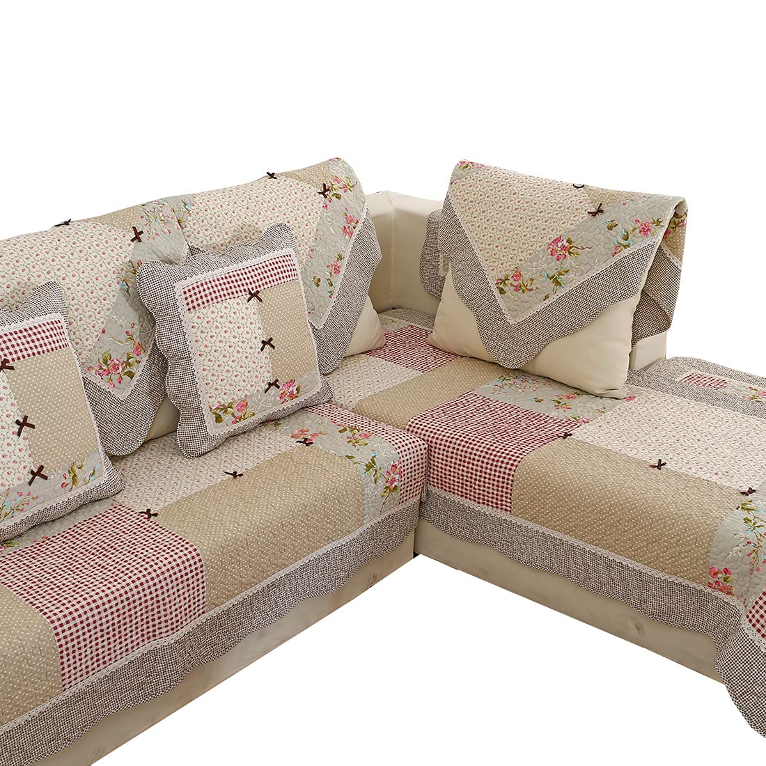 VCTOPS Bohemian Cotton Quilted Sectional Couch Cover with Lace Edge - Floral Plaid Patchwork Sofa Slipcover, Non-Slip Ultra Soft Pet & Kid Friendly Furniture Protector (Red, 28x28 inches) - Perfect for Living Room, Bedroom & Home Decor
