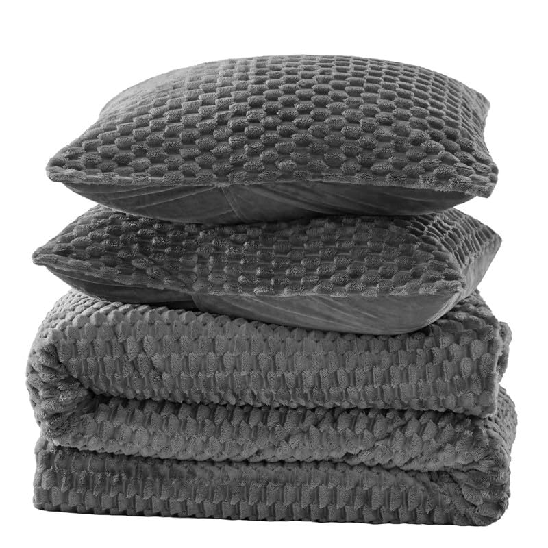 Luxury Fluffy King Comforter Set - Ultra Soft Fuzzy Brushed Plaid Pattern Bedding Set with Velvet Finish, Grey Winter Comforter 3-Piece Set for Cozy Bedroom Decor | Perfect for Master Bedroom, Guest Room & Cold Weather Comfort