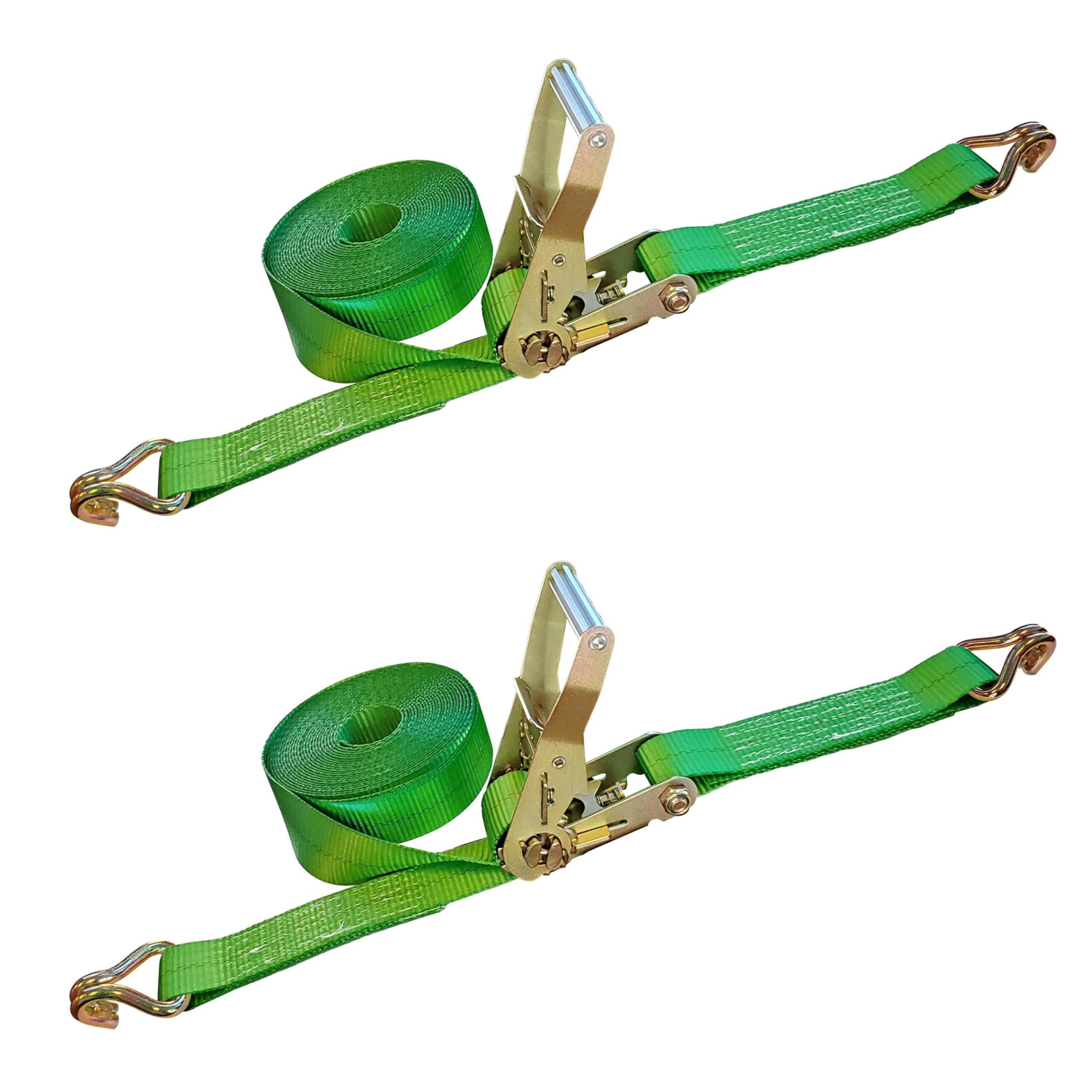 Heavy Duty J Hook Ratchet Straps (2-Pack) - 2 Inch x 50 Foot, 10,000 lbs Break Strength - Green Tie Down Straps for Flatbed Trailers, Trucks & Cargo Securing - Perfect for Transporting ATVs, Motorcycles & Heavy Equipment