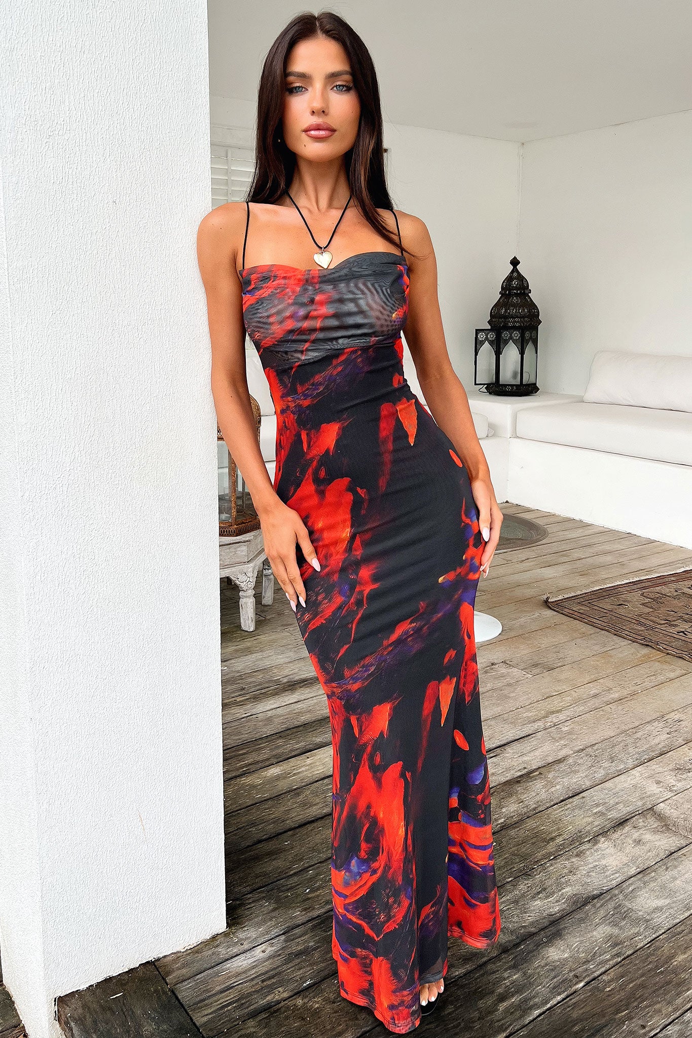 Barb Mesh Maxi Dress - Black & Red | Sexy Long Sleeve Evening Gown for Women | Perfect for Parties, Date Nights & Special Occasions