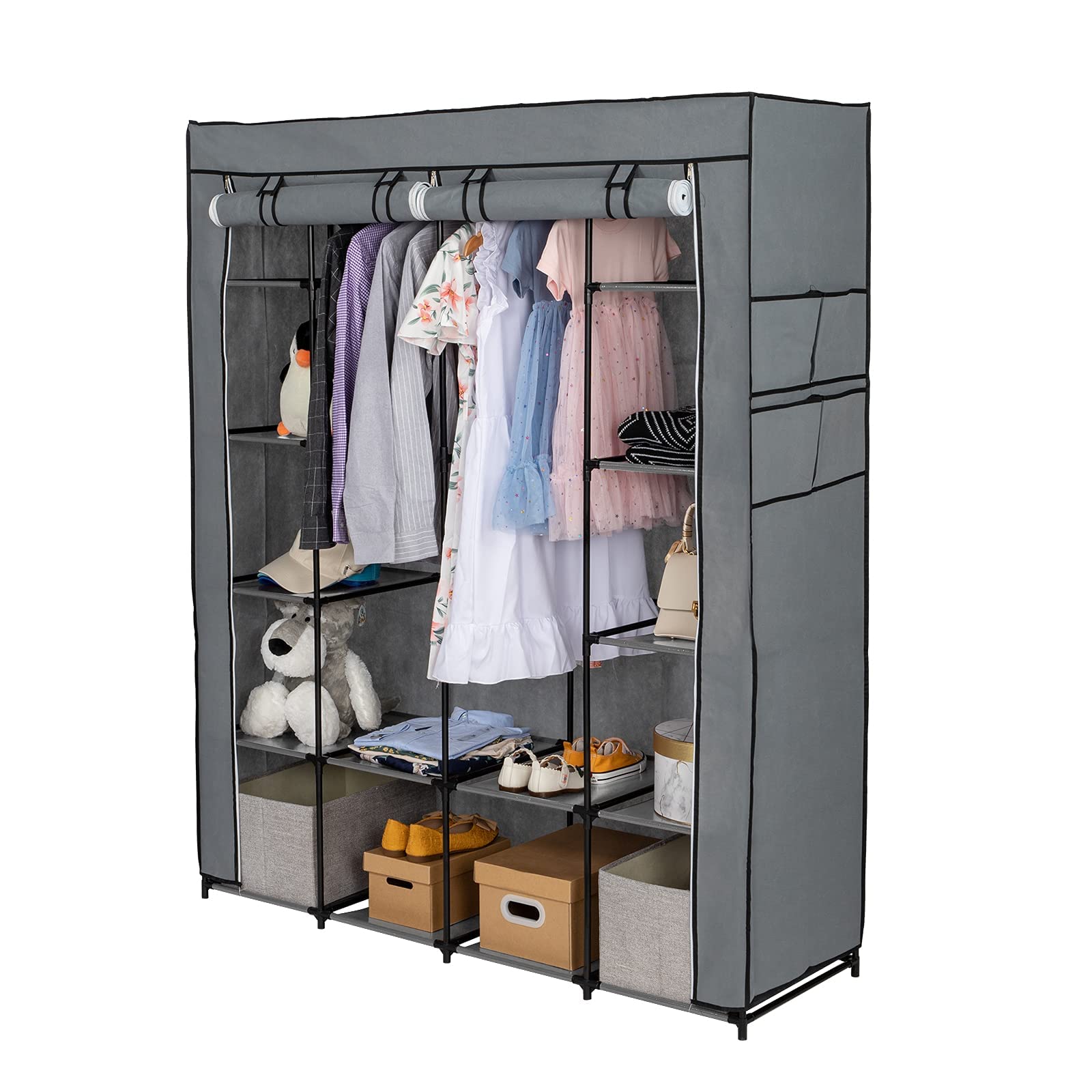 BNSPLY 66 Inch Portable Closet Organizer - Non-Woven Fabric Wardrobe Storage with Hanging Rod, 56 x 18.5 x 66 Inches, Grey - Perfect for Bedroom, Dorm, Apartment & Closet Organization