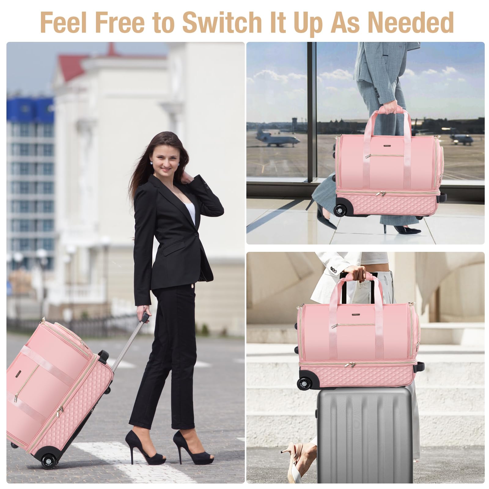 Convertible Rolling Garment Bag with Wheels & Shoe Compartment - Carry On Suitcase Trolley for Business Travel, Wedding & Weekend Trips | Durable Pink Travel Luggage for Airplanes, Hotels & Commuting