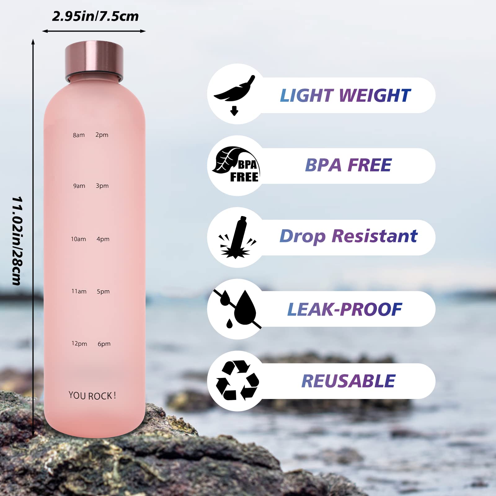 32oz Motivational Water Bottle with Time Marker - BPA Free for Gym, Workout & Travel (Pink)