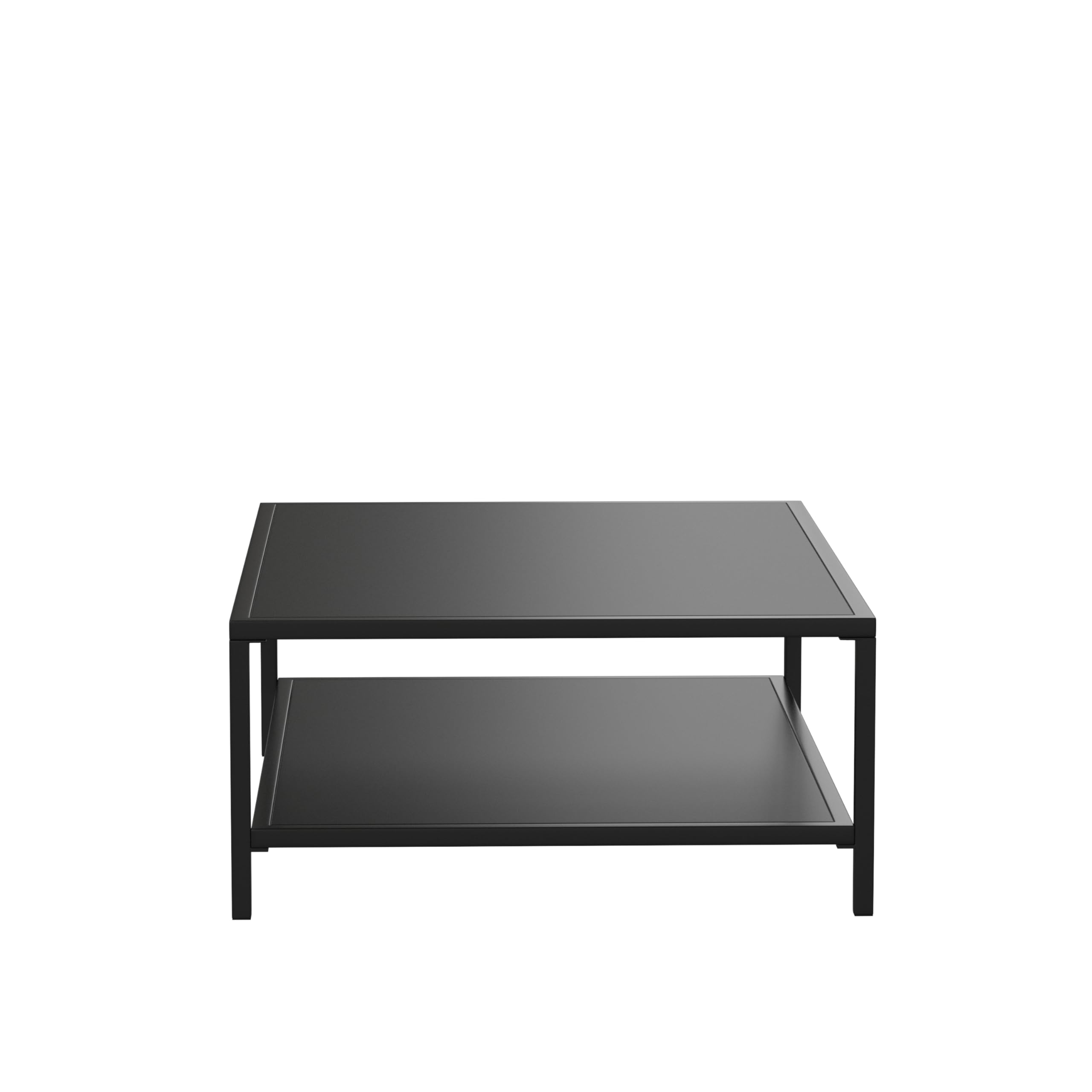 Black Steel Indoor/Outdoor Coffee Table with Lower Shelf - Modern Square Leg Frame for Living Room, Patio, Office or Restaurant - Durable Metal Side Table for Home & Commercial Use