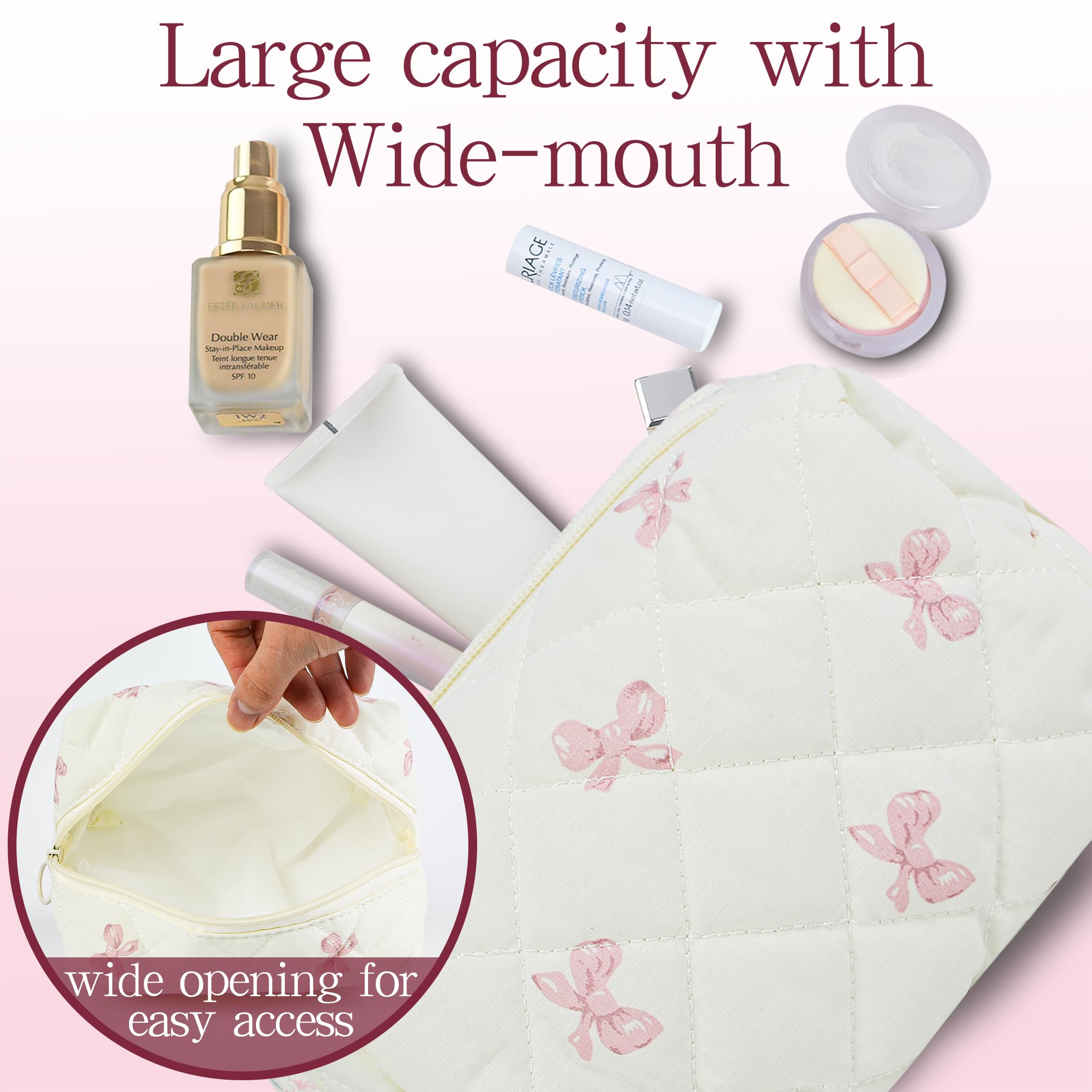 Quilted Makeup Pouch for Women - Cotton Puffy Cosmetic Bag with Cute Flower Design, Aesthetic Organizer for Travel Toiletry | Perfect for Girls' Travel, Daily Makeup Storage & Gift Giving