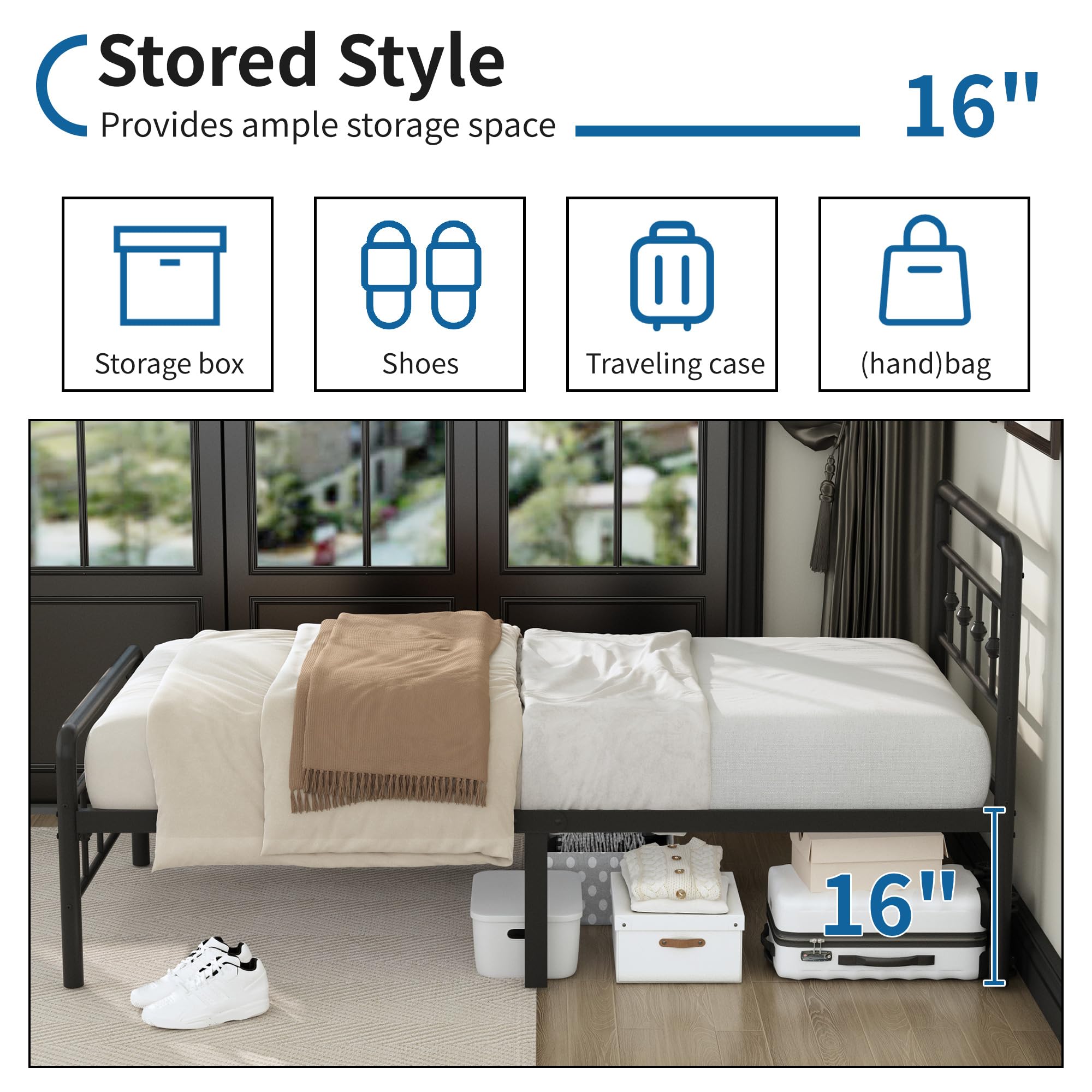 Classic Victorian Style Metal Twin Bed Frame with Headboard & Footboard - 16 Inch Heavy Duty Platform, No Box Spring Needed - Perfect for Guest Rooms, Kids' Bedrooms & Under Bed Storage