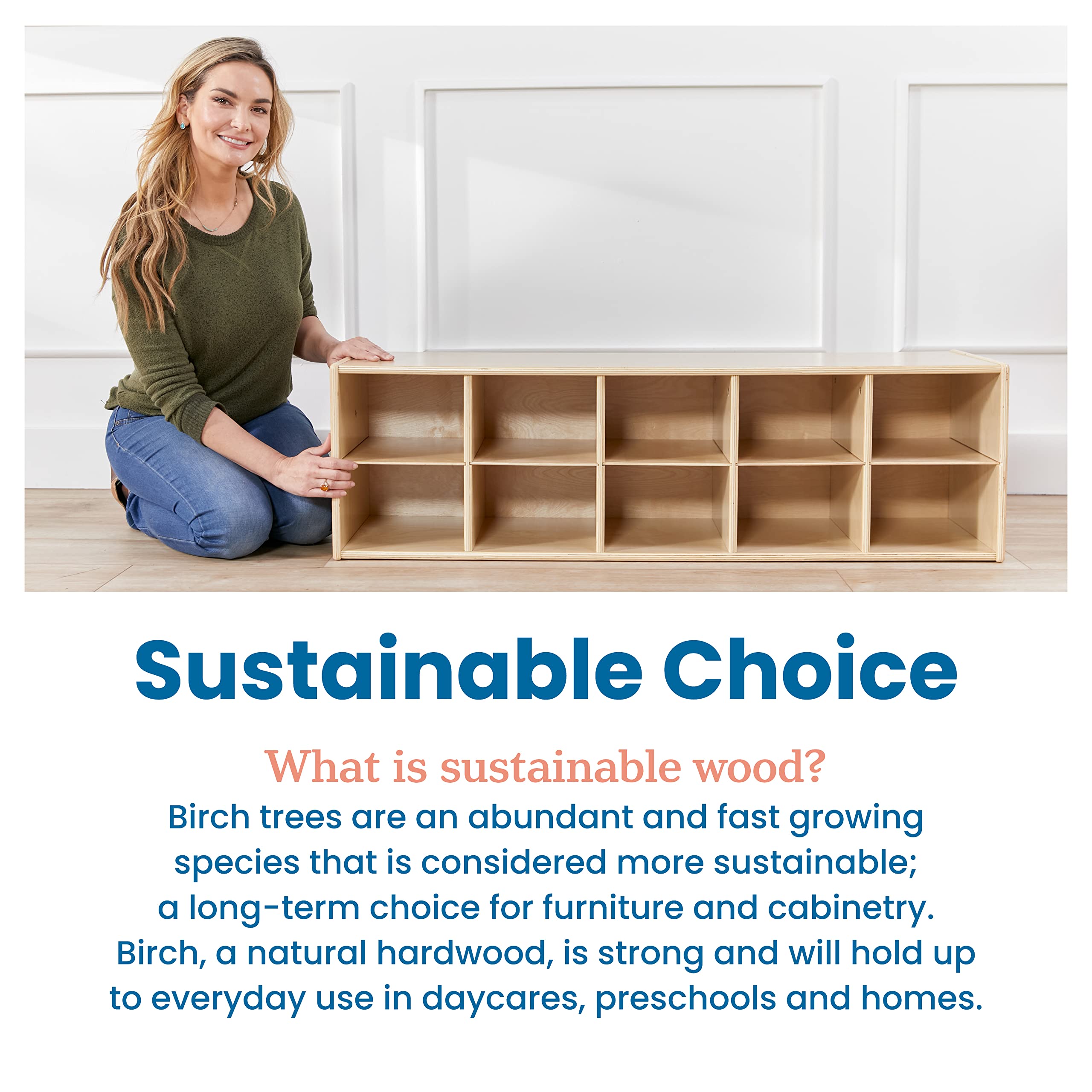 ECR4Kids 10-Cubby Storage Cabinet with Trays, 2x5 Organizer for Classroom, School, or Home - Natural Wood Kids Toy & Book Storage Shelf