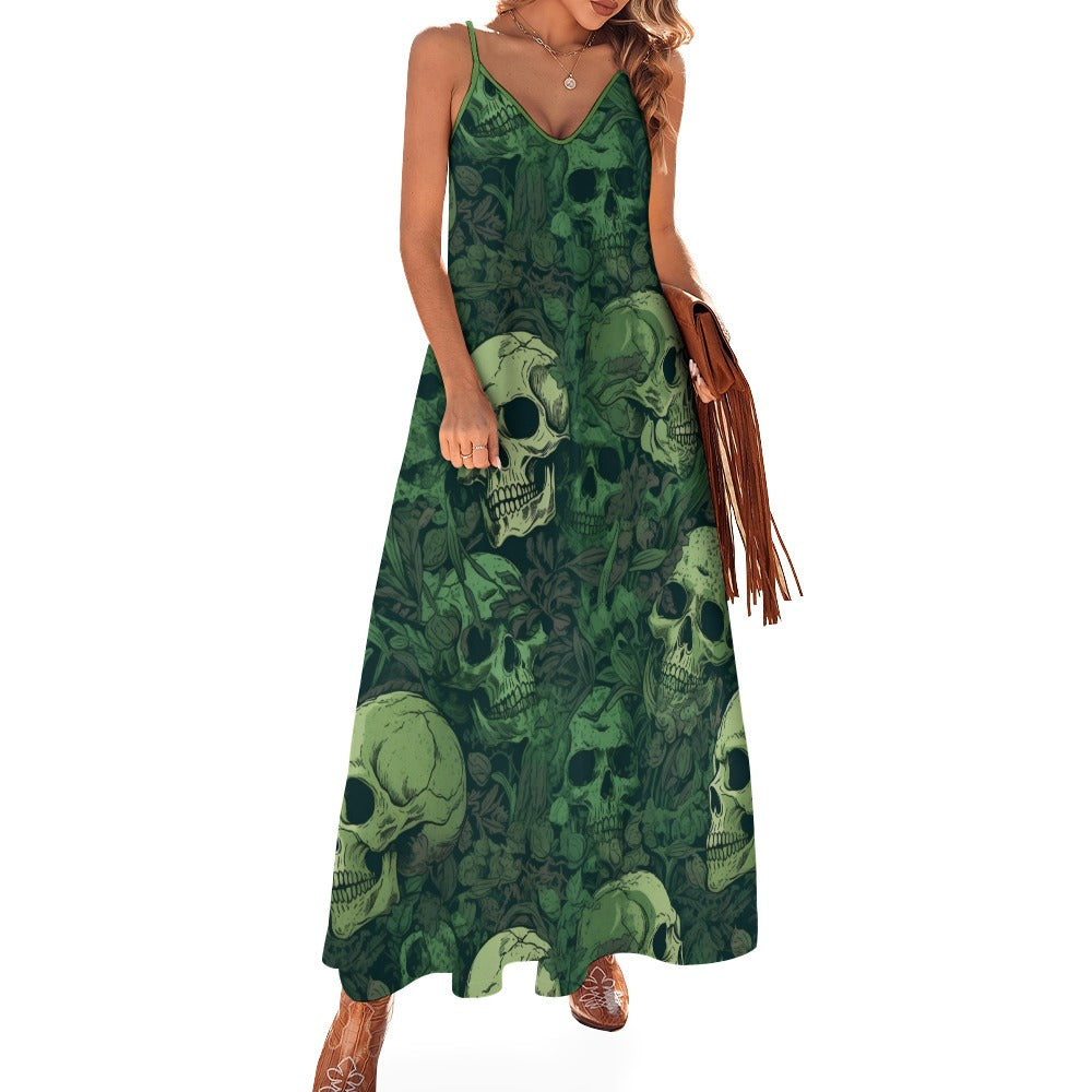 Stylish Green Skulls Print Sling Ankle-Length Dress - Gothic Fashion for Women | Perfect for Parties, Concerts & Halloween Costumes